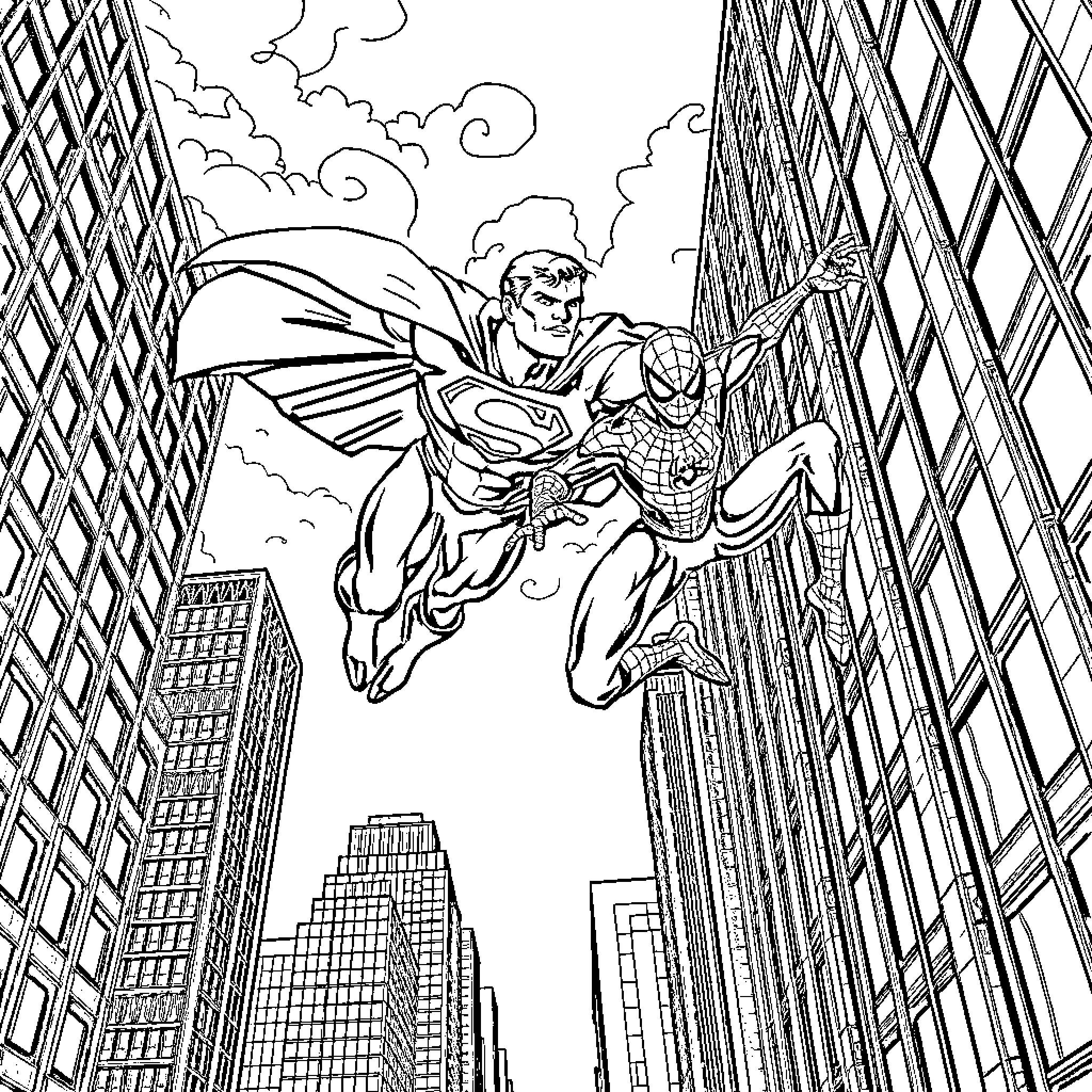 Superhero duo soaring through the cityscape Coloring Page (free black-and-white line drawing printable PDF for all, from beginners to advanced learners, including children, teens, adults, and seniors)