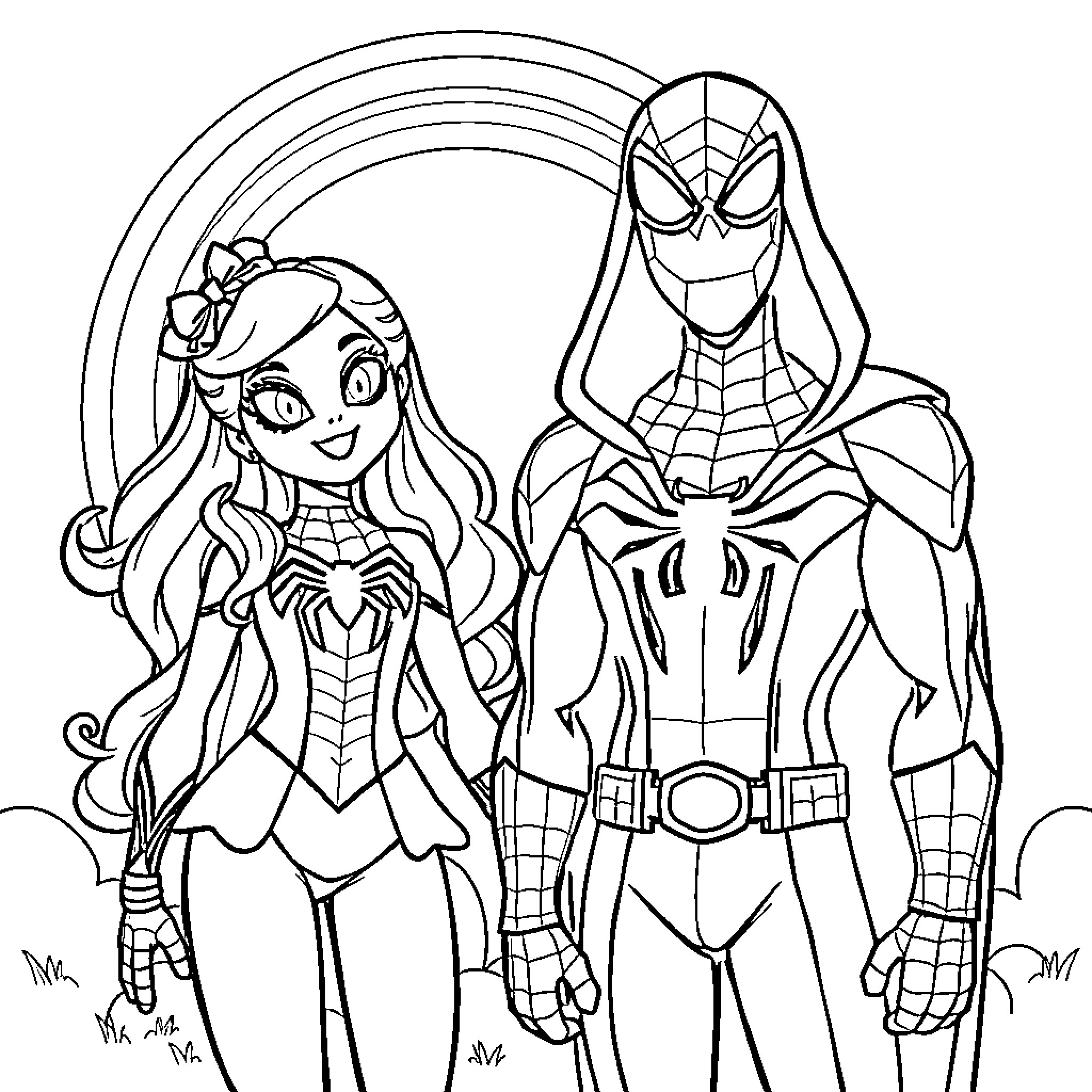 Rainbow Brite and Spiderman in heroic poses Coloring Page (free black-and-white line drawing printable PDF for all, from beginners to advanced learners, including children, teens, adults, and seniors)