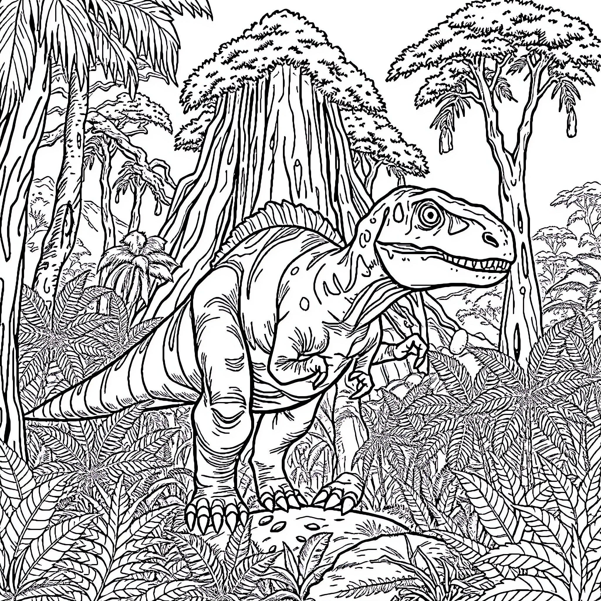 Dinosaur in the Lush Jungle Landscape Coloring Page (free black-and-white line drawing printable PDF for all, from beginners to advanced learners, including children, teens, adults, and seniors)