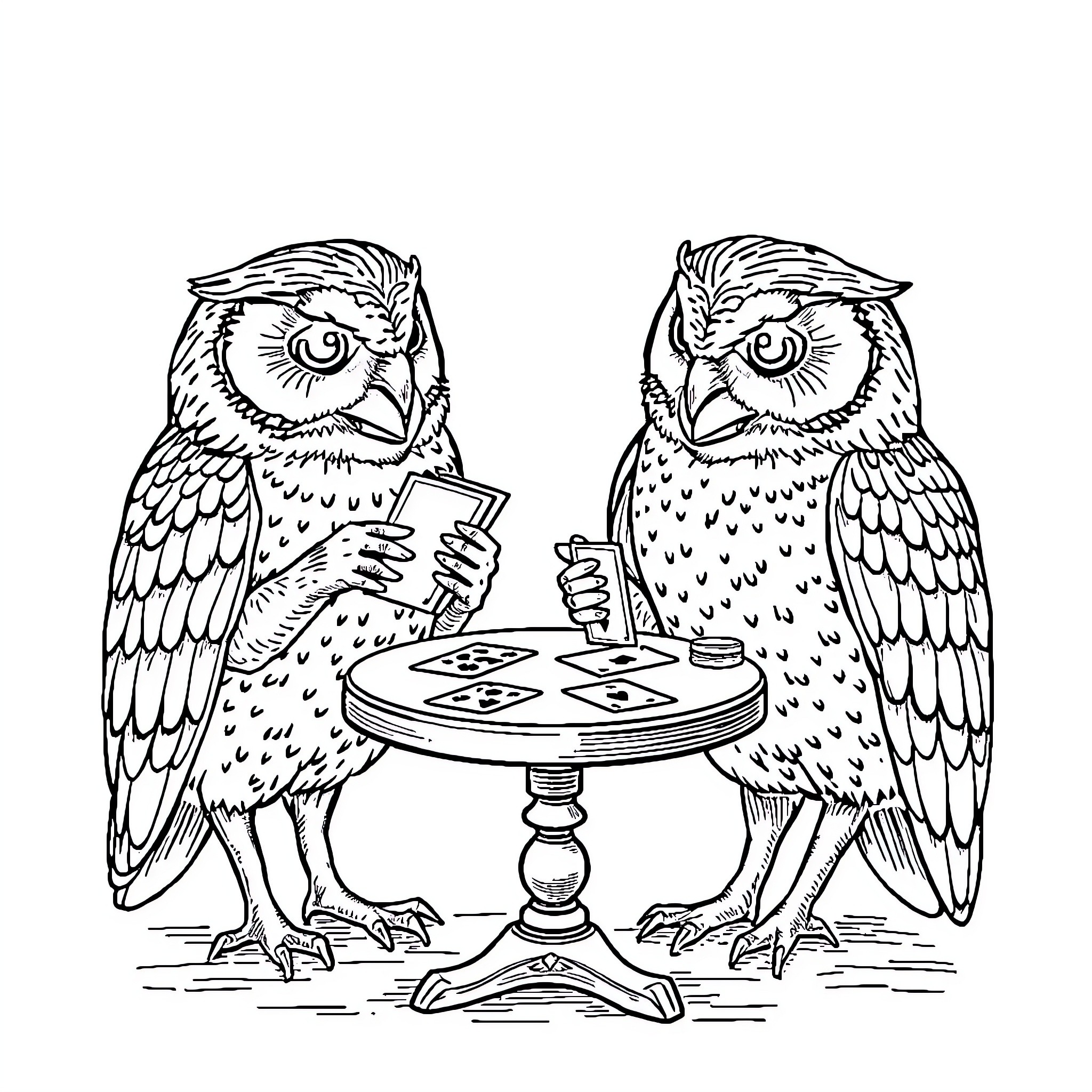 Owl Couple Playing Cards at Table Coloring Page (free black-and-white line drawing printable PDF for all, from beginners to advanced learners, including children, teens, adults, and seniors)