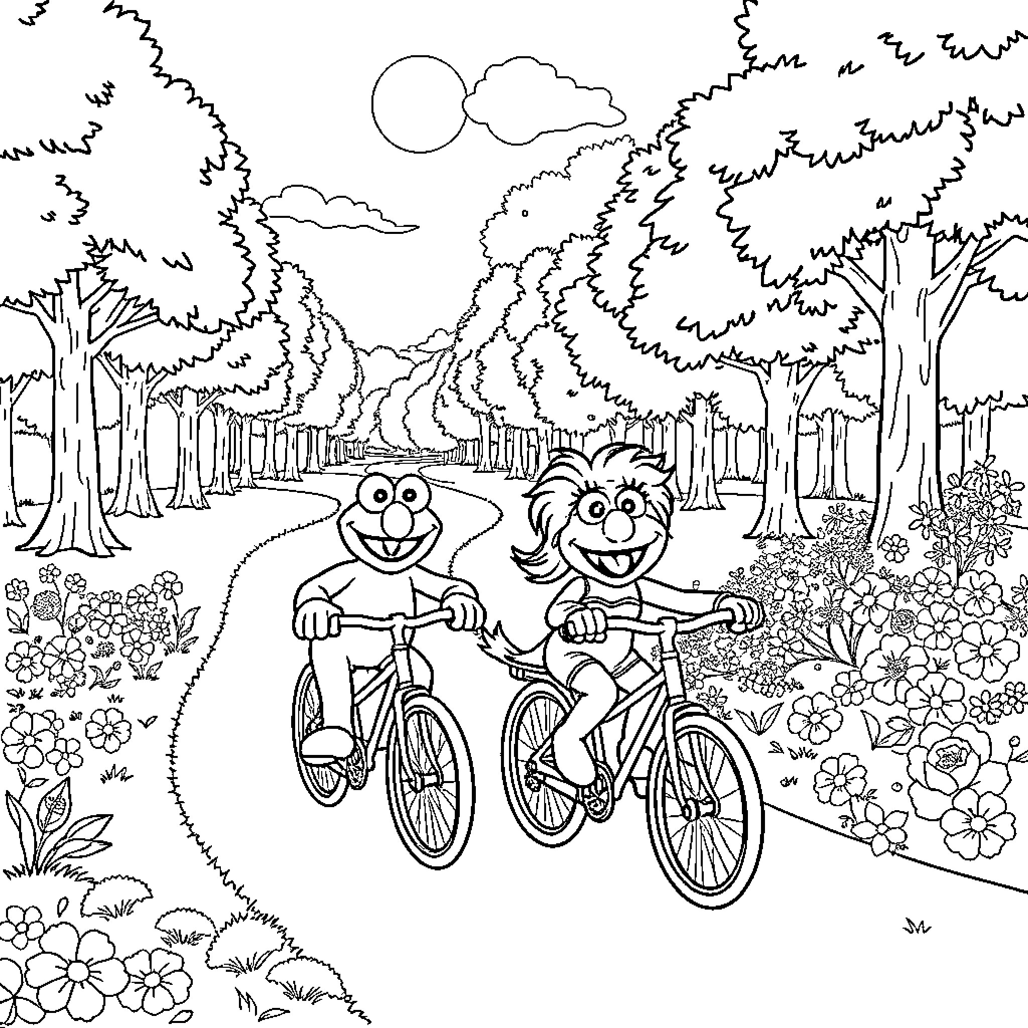 Elmo and Friends Enjoy Bicycle Ride in Nature Coloring Page (free black-and-white line drawing printable PDF for all, from beginners to advanced learners, including children, teens, adults, and seniors)