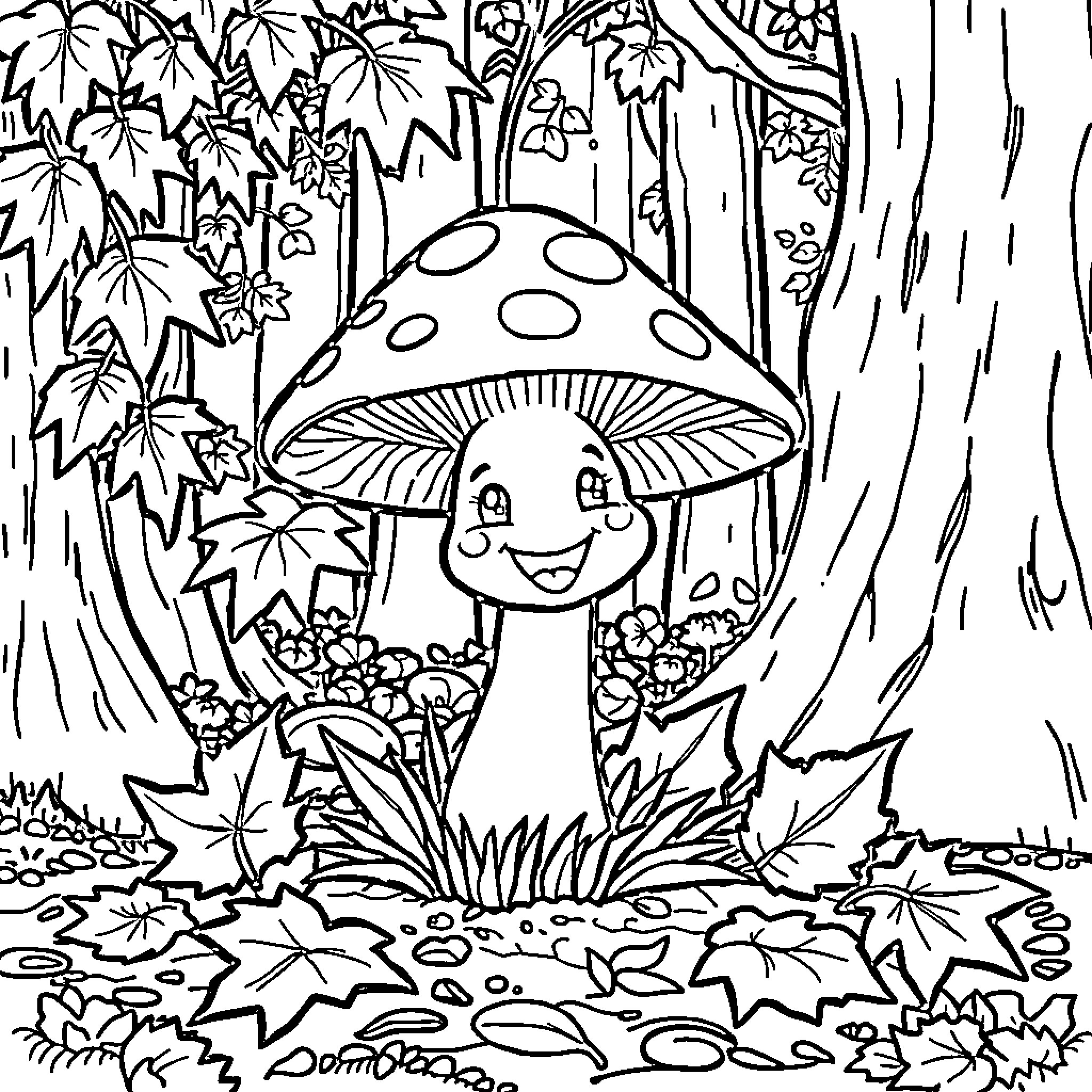 Mushroom character in a whimsical forest Coloring Page (free black-and-white line drawing printable PDF for all, from beginners to advanced learners, including children, teens, adults, and seniors)
