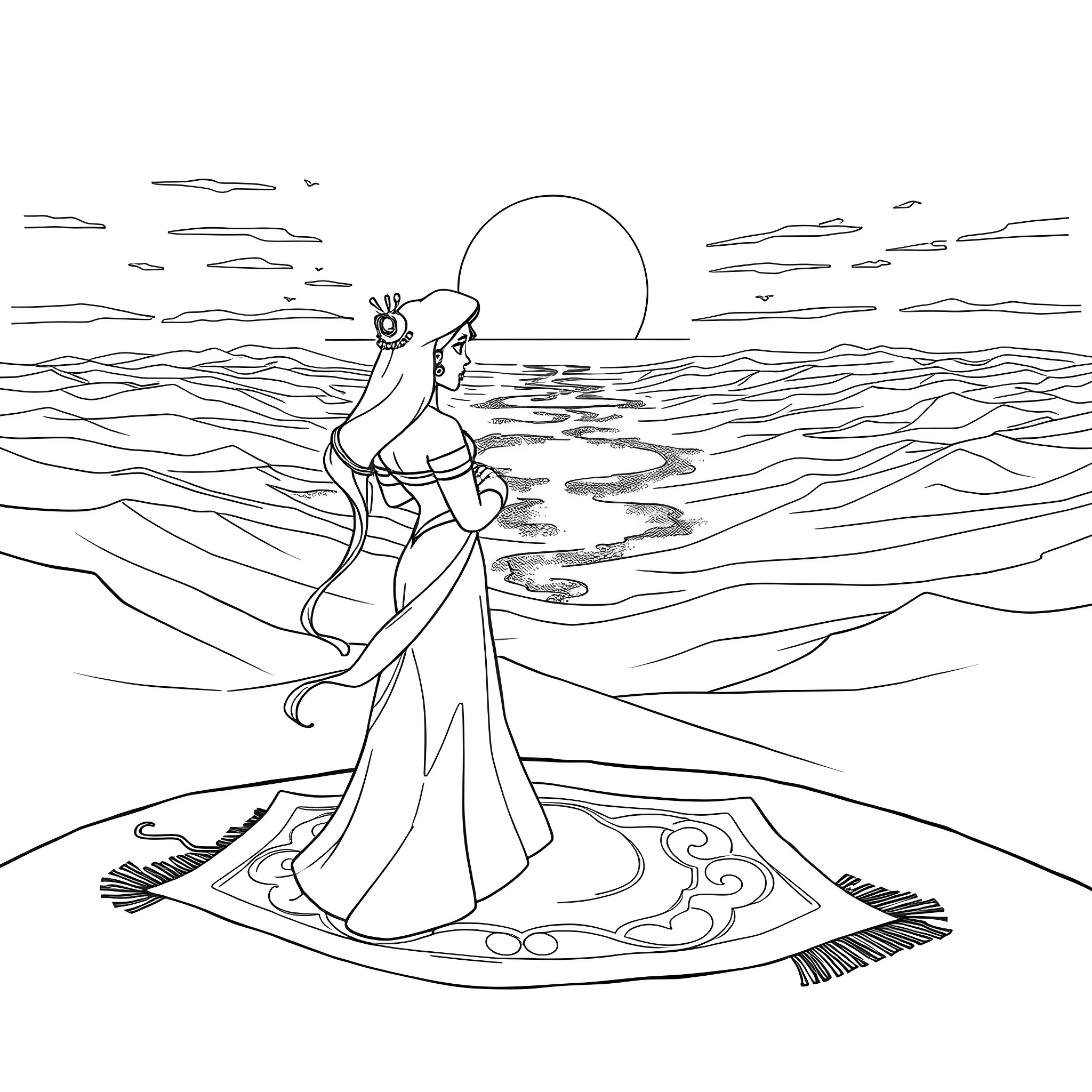 Jasmine's Serene Moonlit Stroll Coloring Page (free black-and-white line drawing printable PDF for all, from beginners to advanced learners, including children, teens, adults, and seniors)