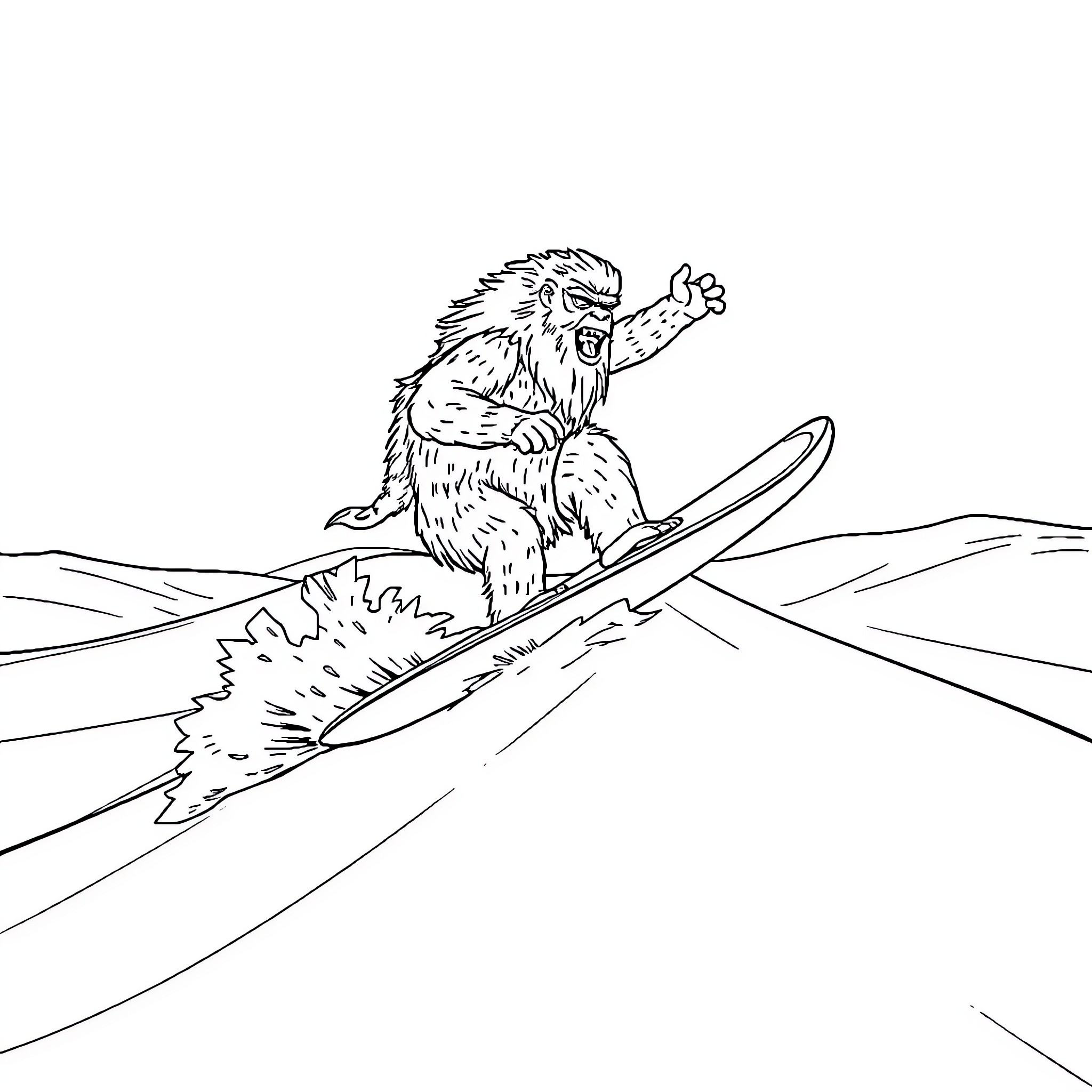 Yeti snowboarding down the slopes Coloring Page (free black-and-white line drawing printable PDF for all, from beginners to advanced learners, including children, teens, adults, and seniors)