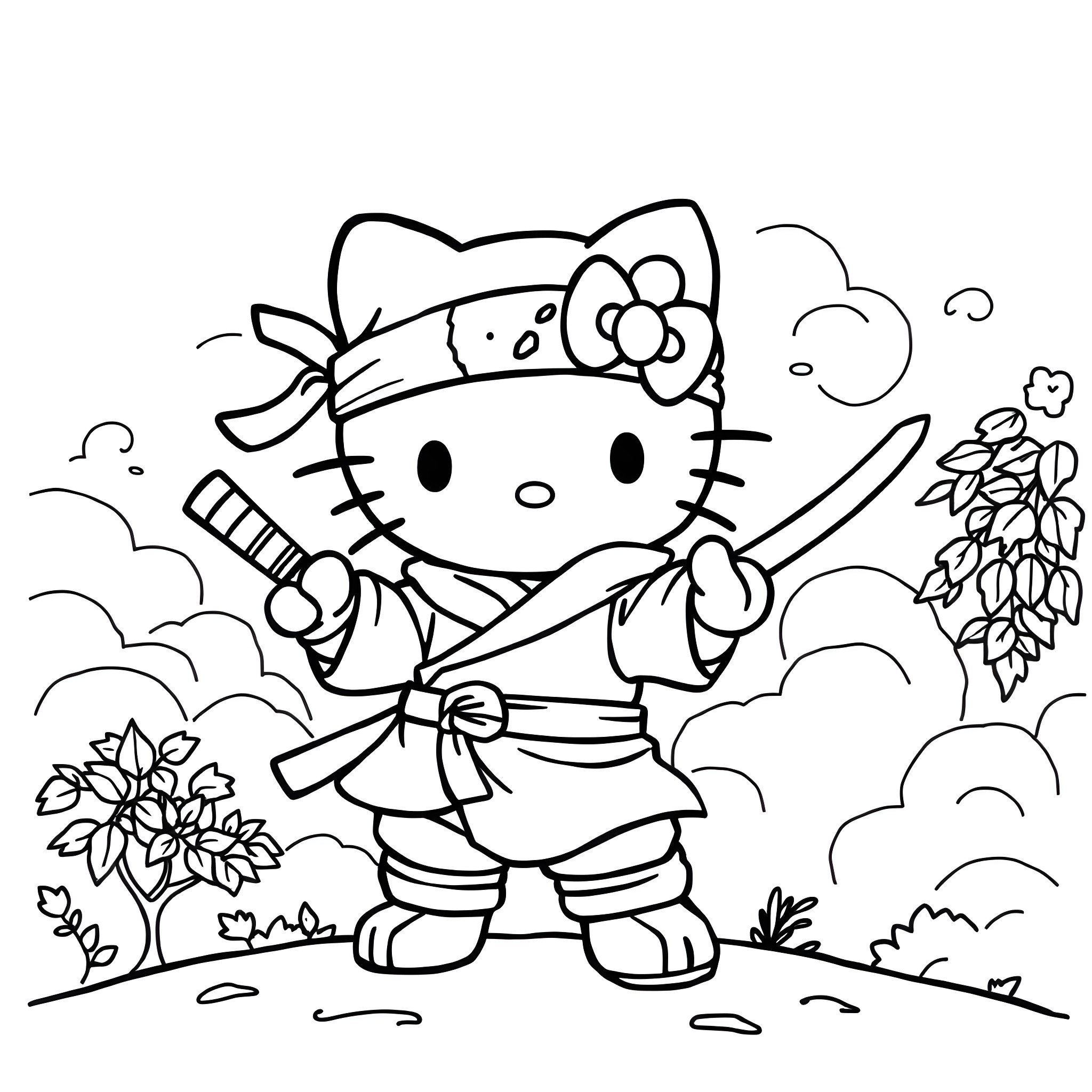 Hello Kitty Karate Kid in the Park Coloring Page (free black-and-white line drawing printable PDF for all, from beginners to advanced learners, including children, teens, adults, and seniors)