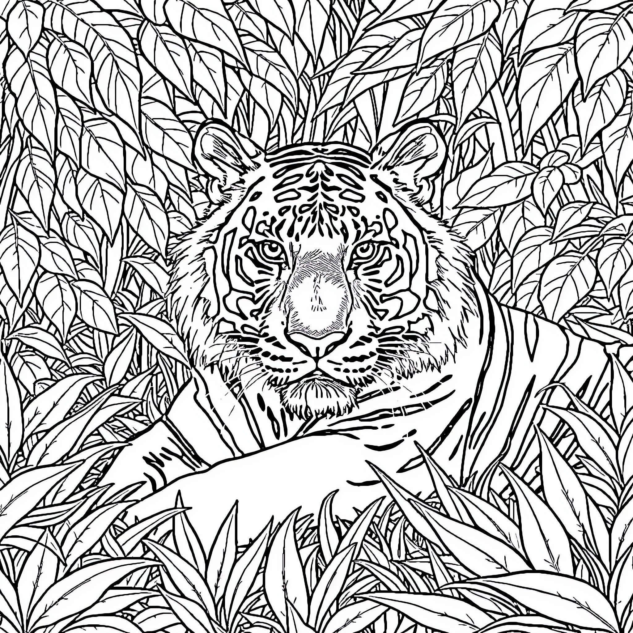 Tiger Stalking Prey in Lush Jungle Foliage Coloring Page (free black-and-white line drawing printable PDF for all, from beginners to advanced learners, including children, teens, adults, and seniors)