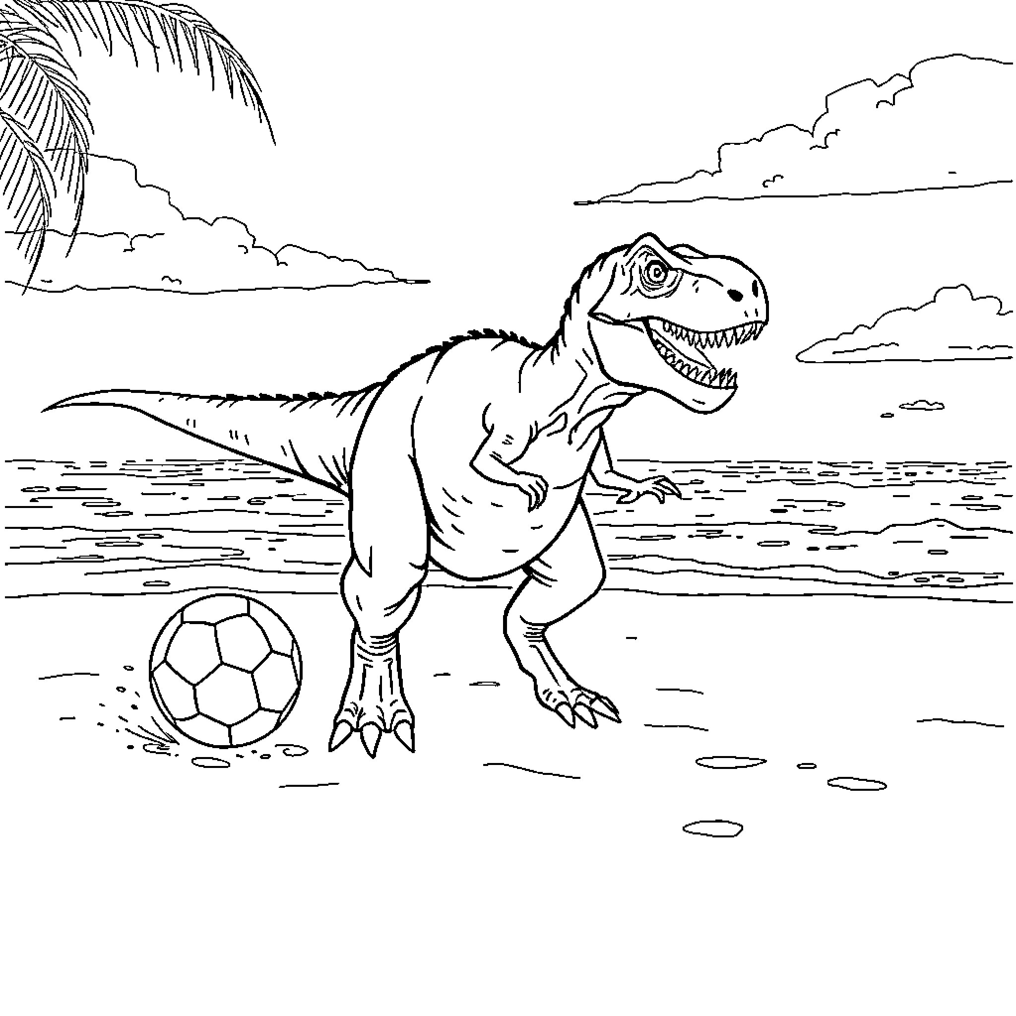 Tyrannosaurus Rex playing with soccer ball on beach Coloring Page (free black-and-white line drawing printable PDF for all, from beginners to advanced learners, including children, teens, adults, and seniors)