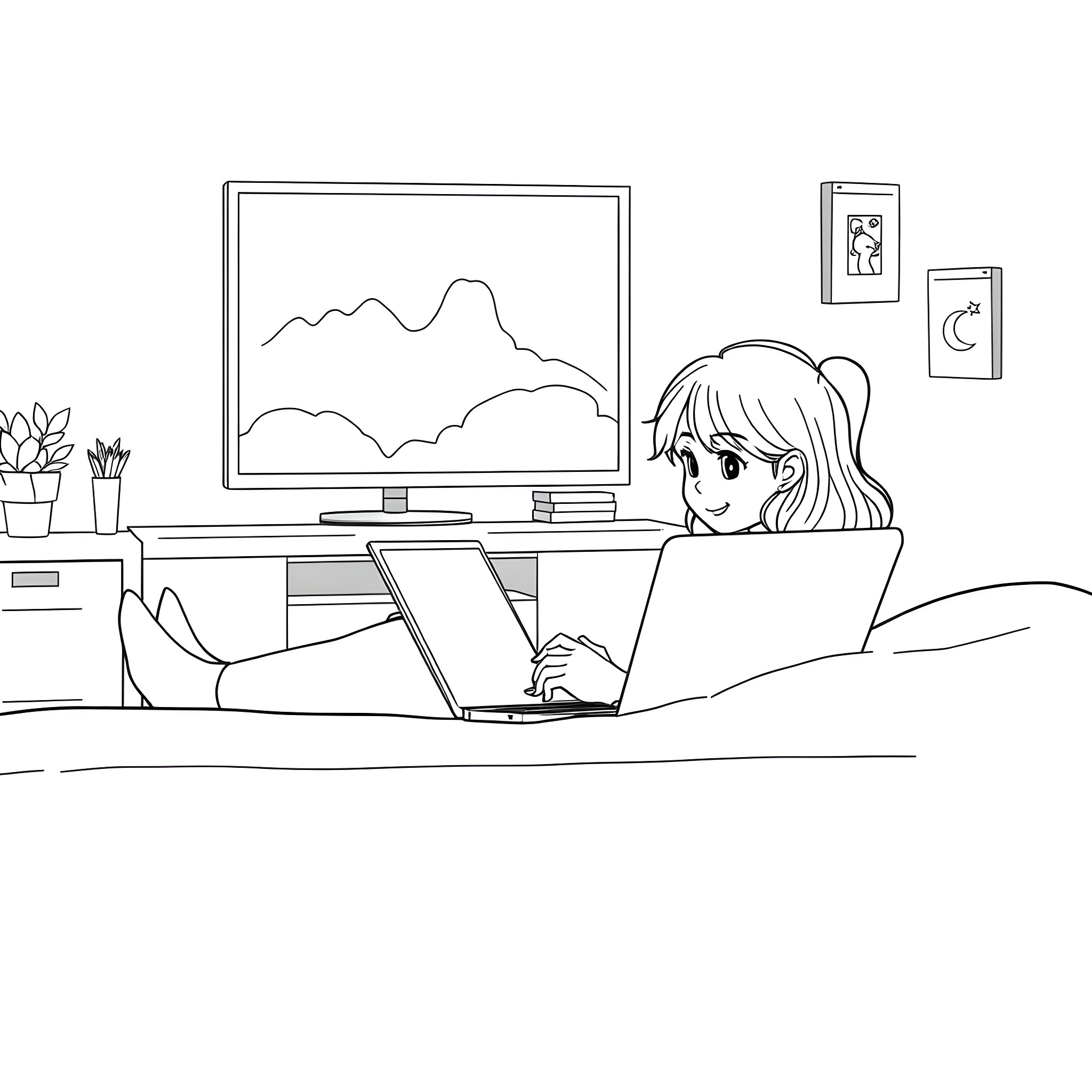 Girl using laptop in cozy home Coloring Page (free black-and-white line drawing printable PDF for all, from beginners to advanced learners, including children, teens, adults, and seniors)