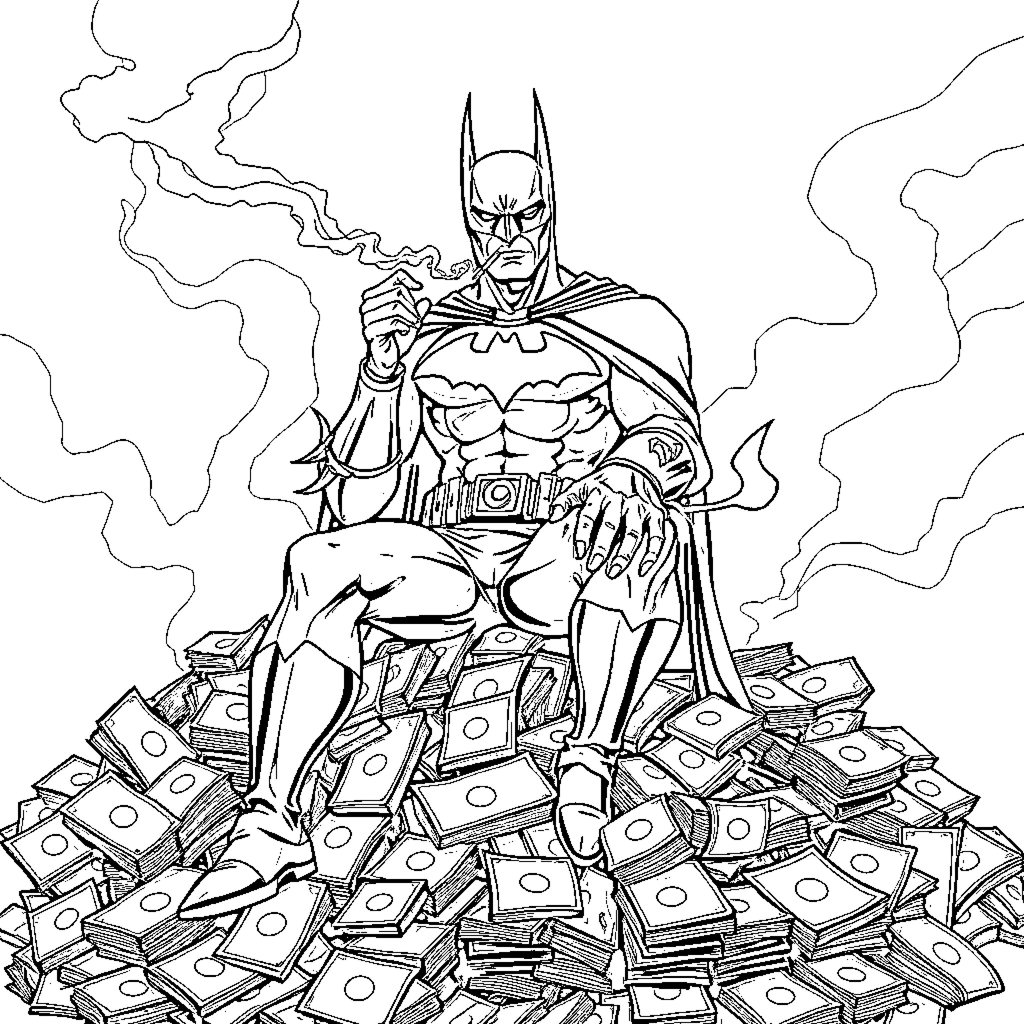 Batman sitting on a pile of money Coloring Page (free black-and-white line drawing printable PDF for all, from beginners to advanced learners, including children, teens, adults, and seniors)