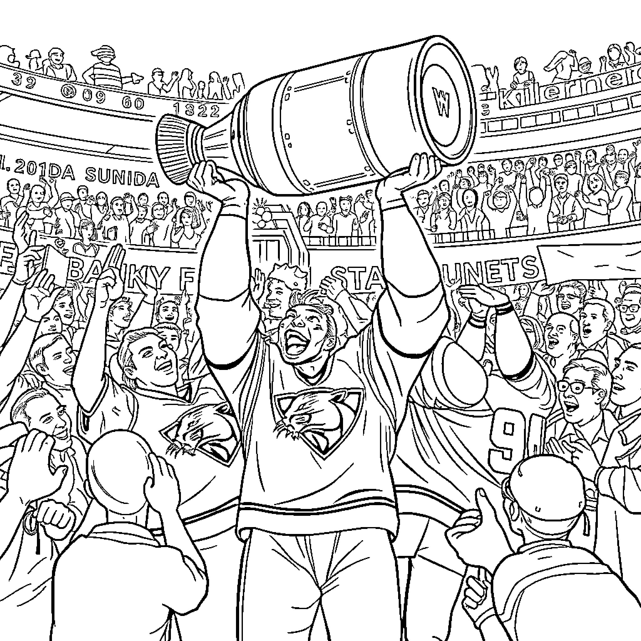 Florida Panther Celebrates Victory with Passionate Fans Coloring Page (free black-and-white line drawing printable PDF for all, from beginners to advanced learners, including children, teens, adults, and seniors)