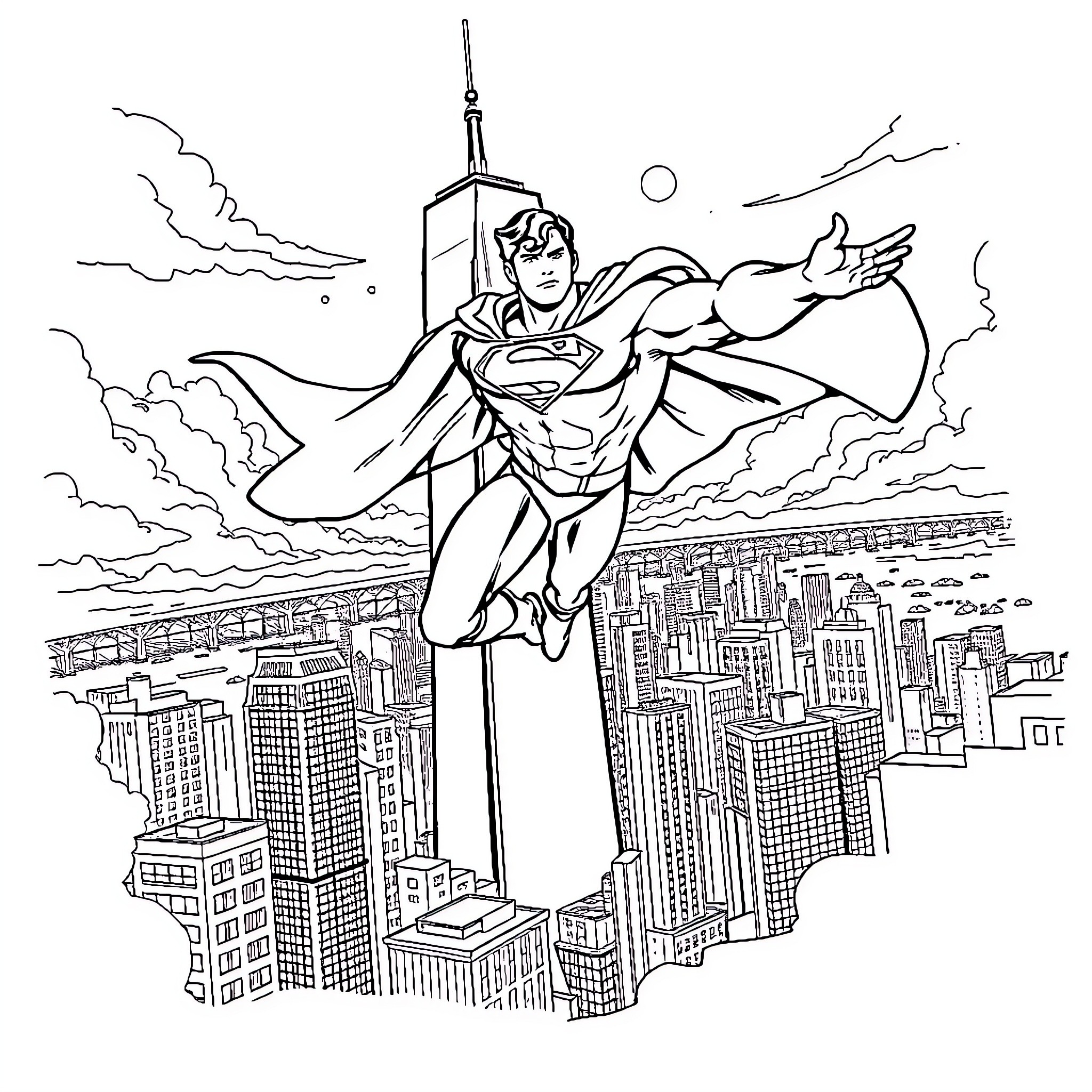 Superman soaring above the city skyline Coloring Page (free black-and-white line drawing printable PDF for all, from beginners to advanced learners, including children, teens, adults, and seniors)