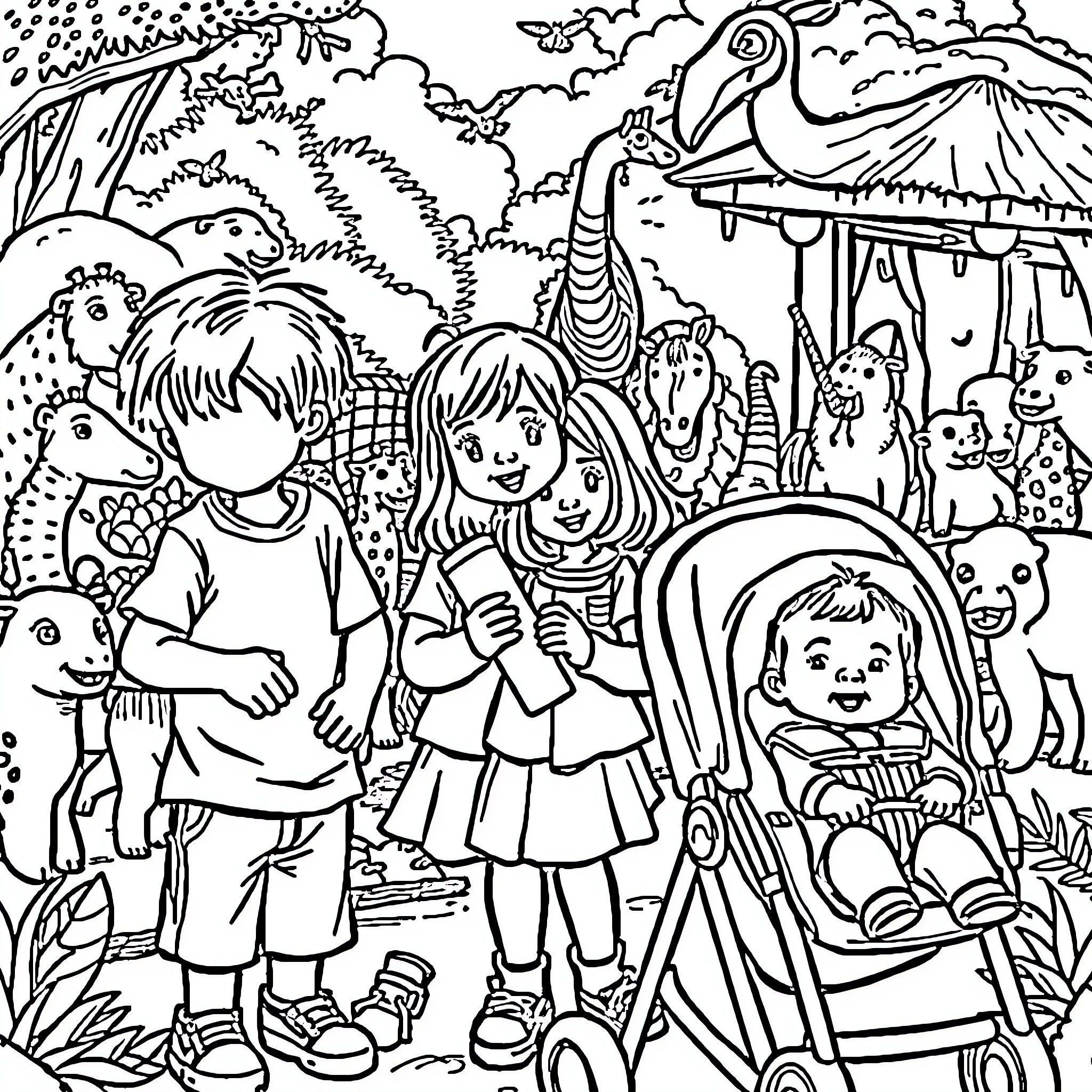 Boy and girl explore whimsical fantasy world with animals Coloring Page (free black-and-white line drawing printable PDF for all, from beginners to advanced learners, including children, teens, adults, and seniors)