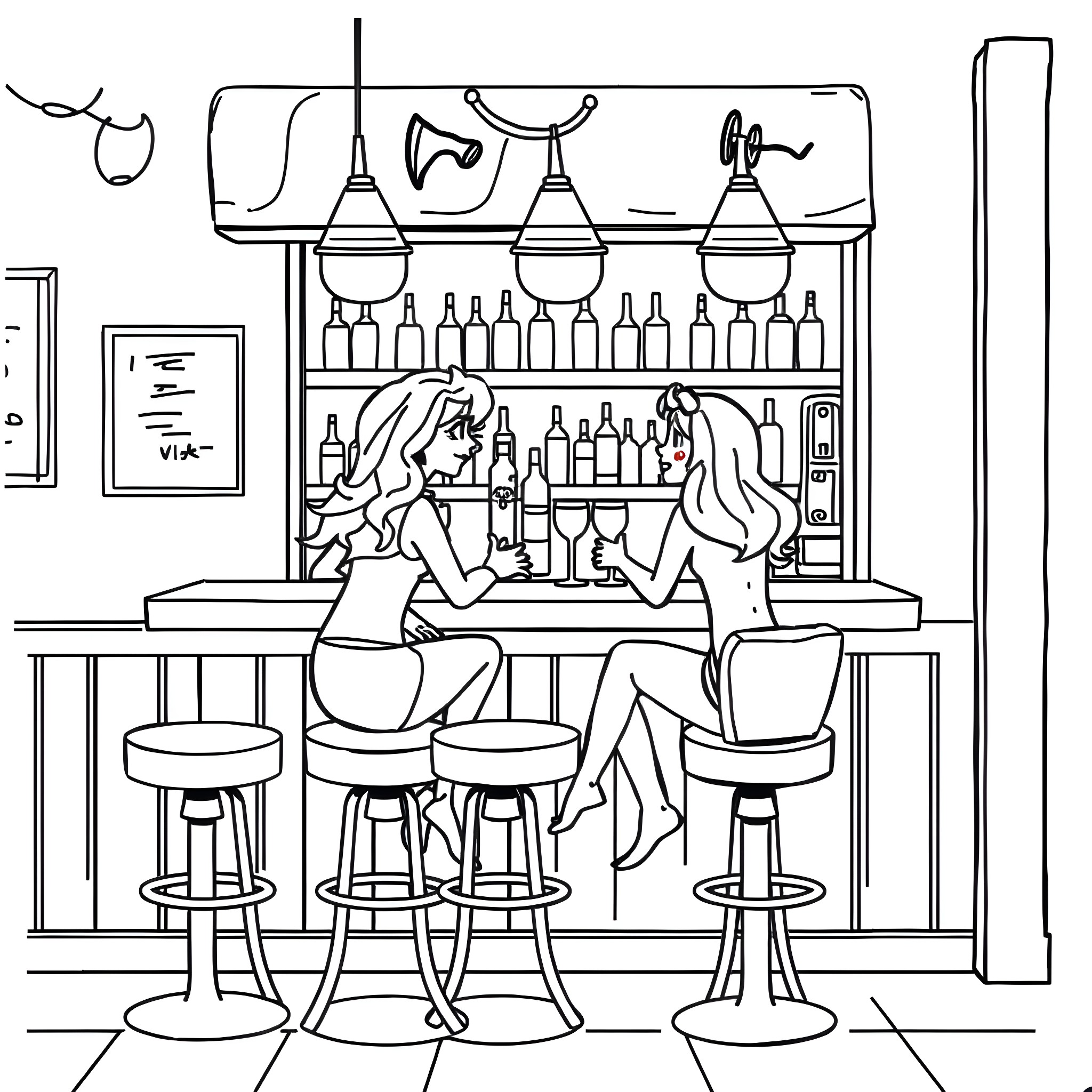 Bluey socializing with friends at a bar Coloring Page (free black-and-white line drawing printable PDF for all, from beginners to advanced learners, including children, teens, adults, and seniors)