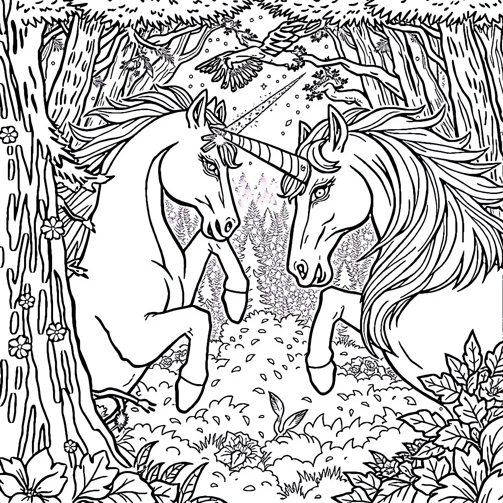 Unicorn Companions in a Magical Forest Coloring Page (free black-and-white line drawing printable PDF for all, from beginners to advanced learners, including children, teens, adults, and seniors)