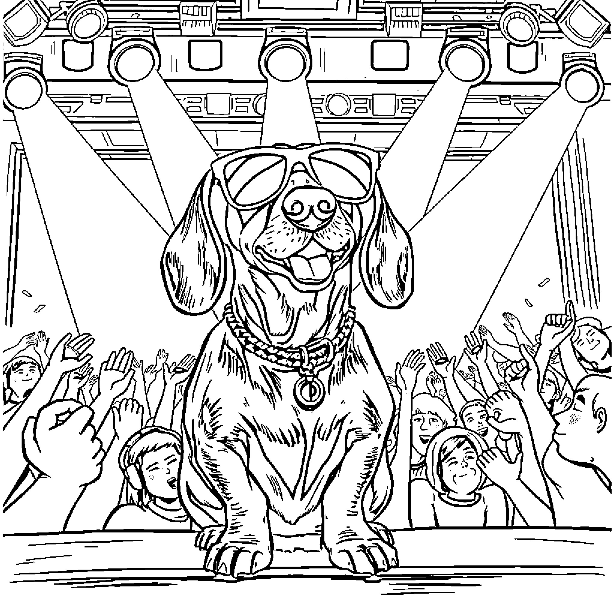 Dachshund performing on stage with audience Coloring Page (free black-and-white line drawing printable PDF for all, from beginners to advanced learners, including children, teens, adults, and seniors)