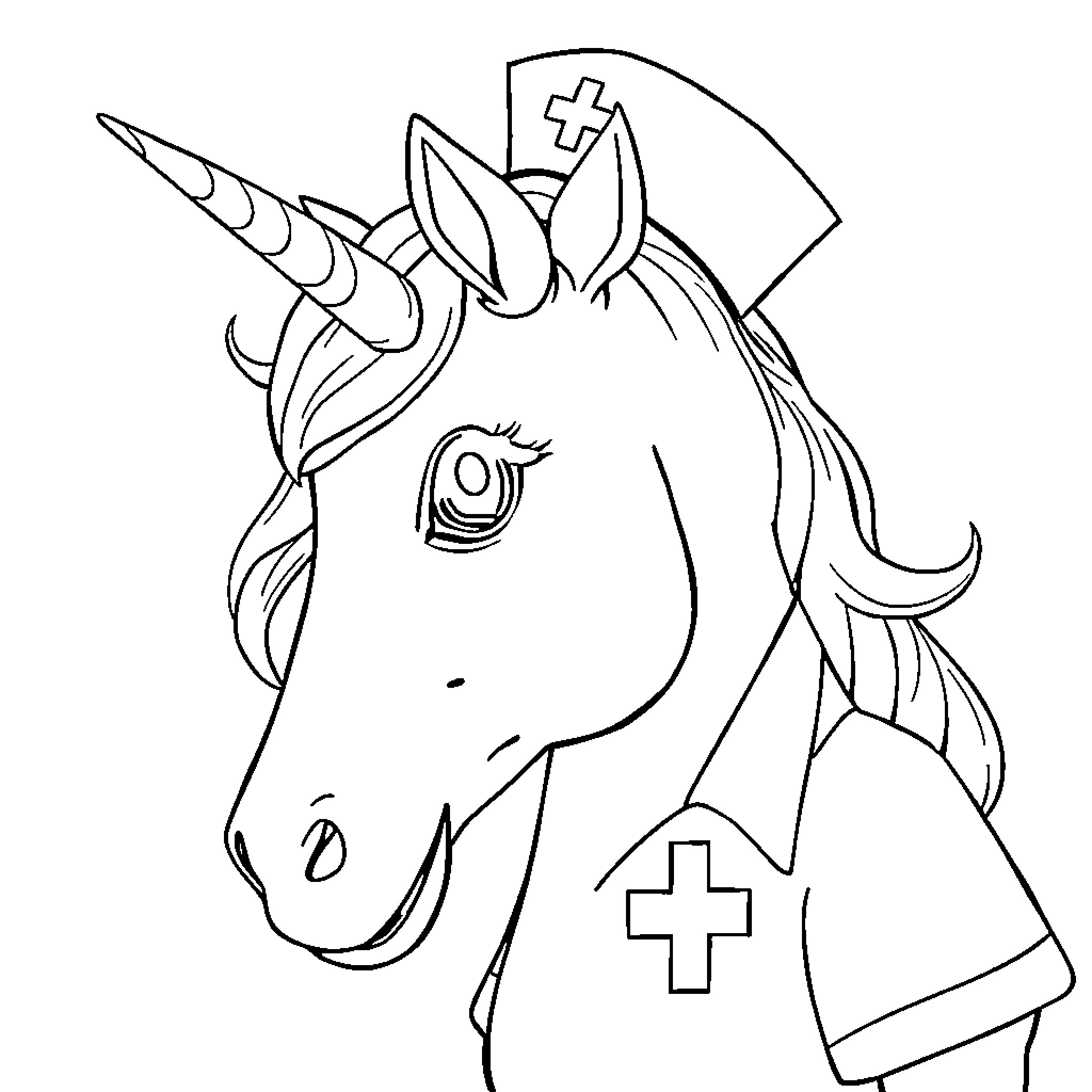Unicorn Nurse Caring for Patients Coloring Page (free black-and-white line drawing printable PDF for all, from beginners to advanced learners, including children, teens, adults, and seniors)