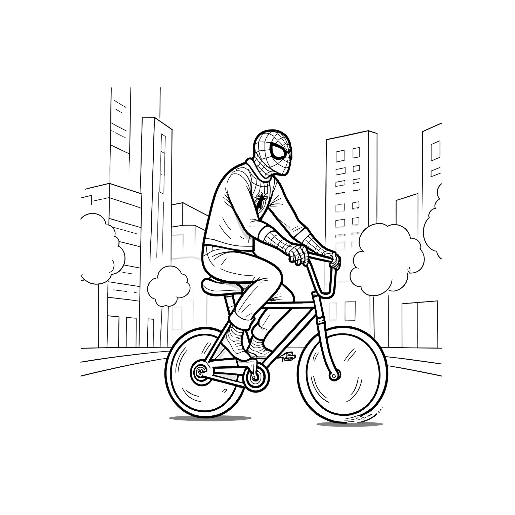 Spiderman riding a bicycle in the city Coloring Page (free black-and-white line drawing printable PDF for all, from beginners to advanced learners, including children, teens, adults, and seniors)
