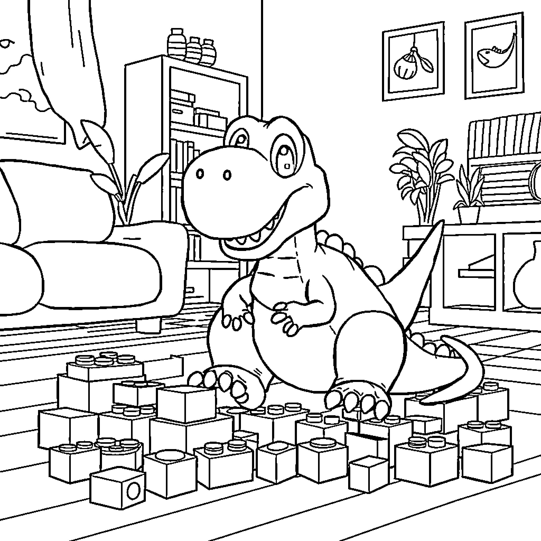 Dinosaur playing with building blocks in room Coloring Page (free black-and-white line drawing printable PDF for all, from beginners to advanced learners, including children, teens, adults, and seniors)
