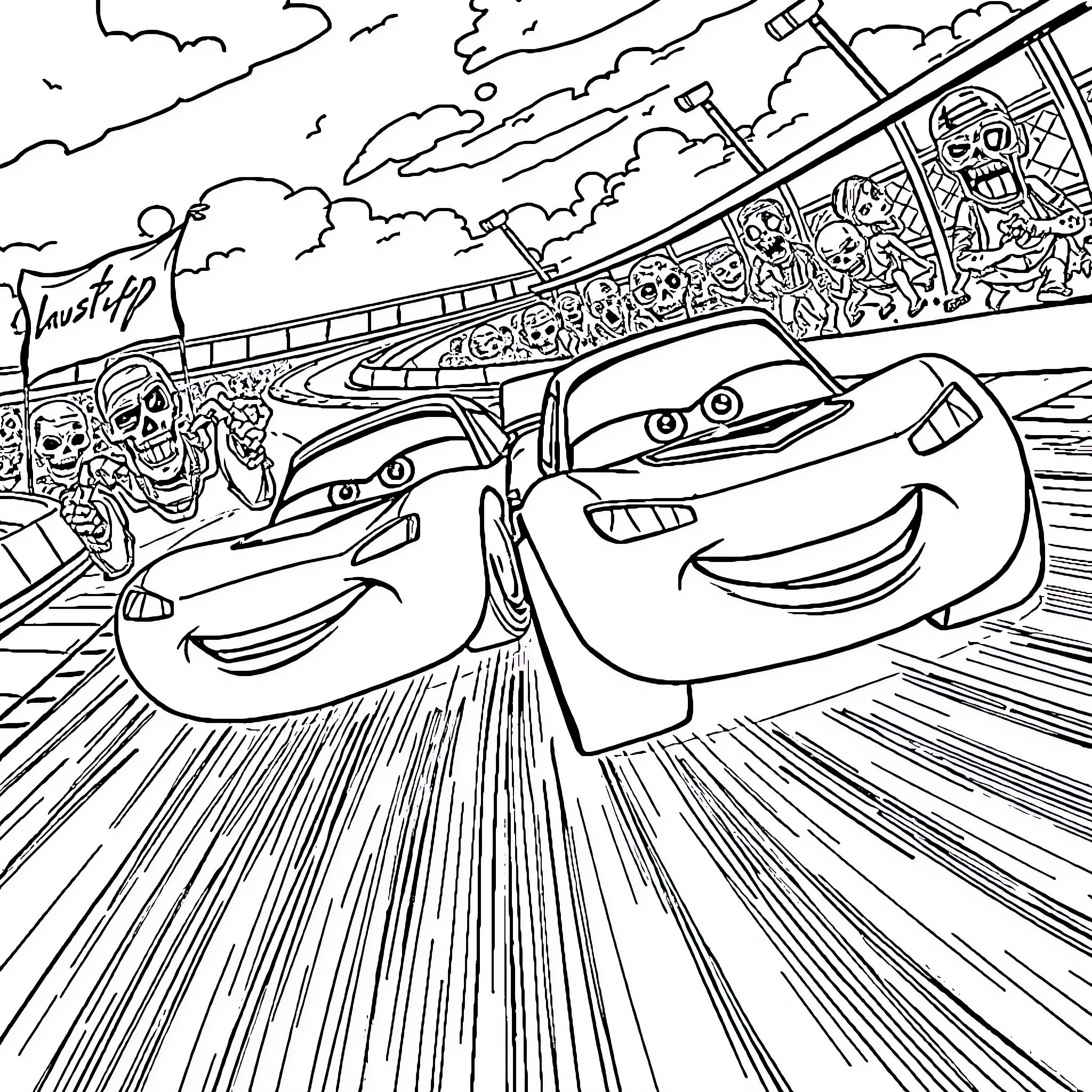 Car racing on track with expressions Coloring Page (free black-and-white line drawing printable PDF for all, from beginners to advanced learners, including children, teens, adults, and seniors)