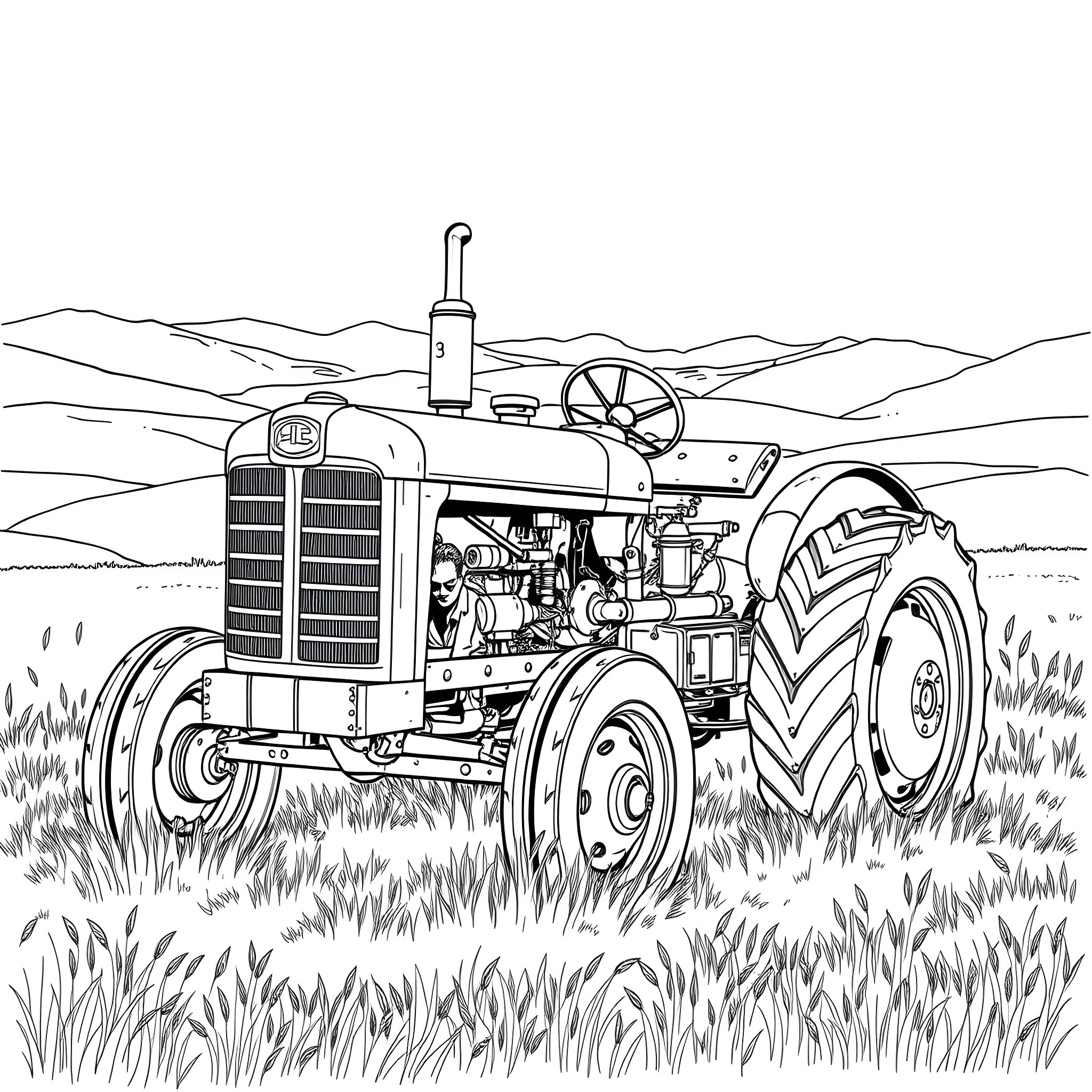 Tractor plowing the field in countryside Coloring Page (free black-and-white line drawing printable PDF for all, from beginners to advanced learners, including children, teens, adults, and seniors)