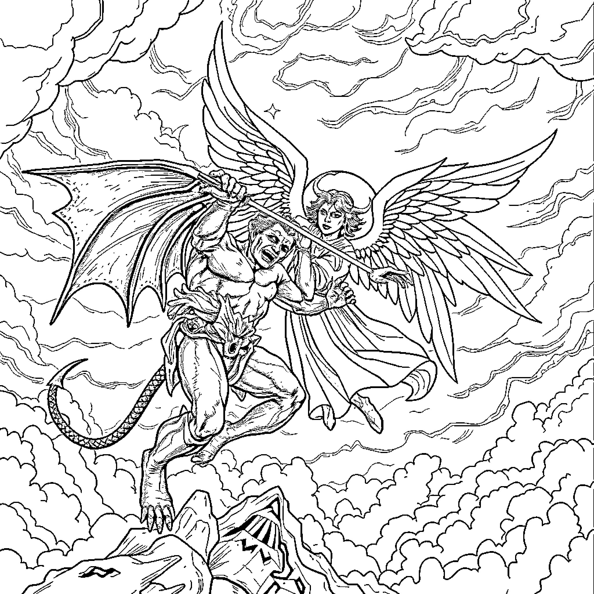 Angel Battling Fearsome Creature in Cloudy Skies Coloring Page (free black-and-white line drawing printable PDF for all, from beginners to advanced learners, including children, teens, adults, and seniors)