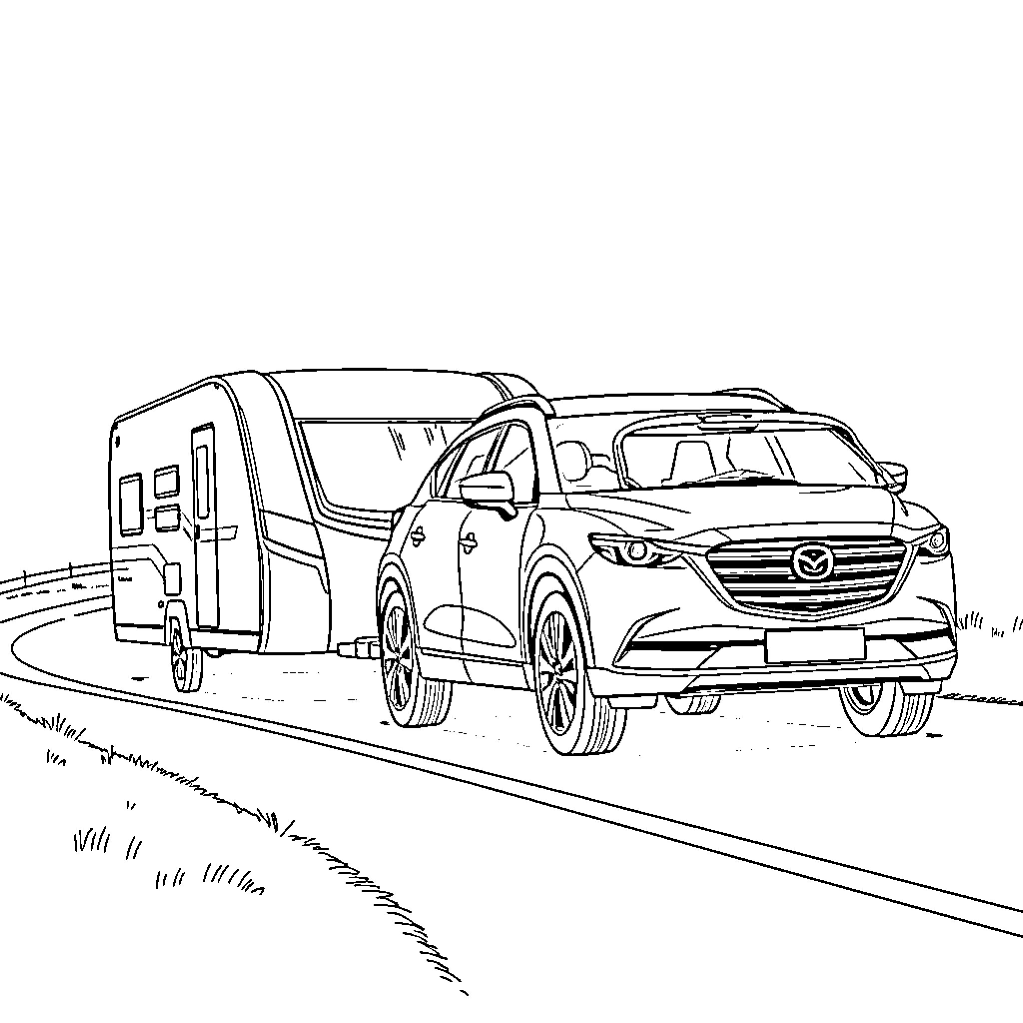 Mazda SUV towing a camper on the road Coloring Page (free black-and-white line drawing printable PDF for all, from beginners to advanced learners, including children, teens, adults, and seniors)