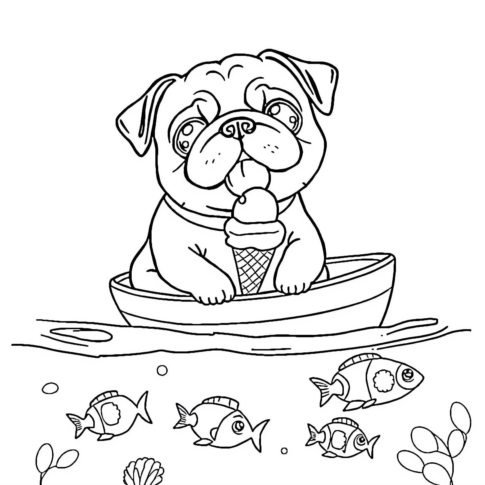Pug enjoying ice cream in a boat Coloring Page (free black-and-white line drawing printable PDF for all, from beginners to advanced learners, including children, teens, adults, and seniors)