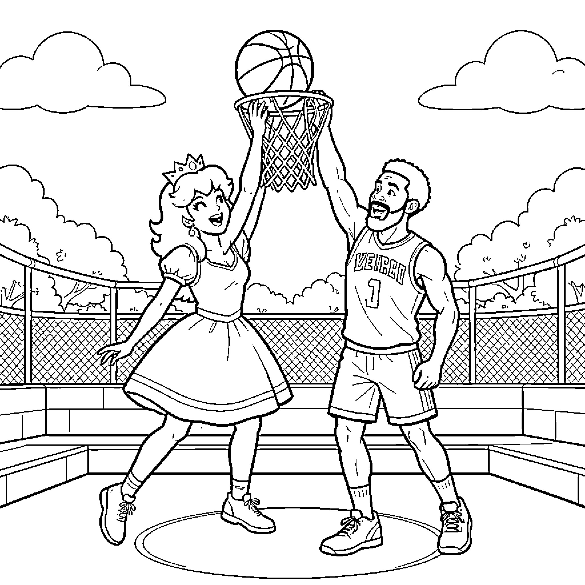 Princess Plays Basketball with Friend on Court Coloring Page (free black-and-white line drawing printable PDF for all, from beginners to advanced learners, including children, teens, adults, and seniors)