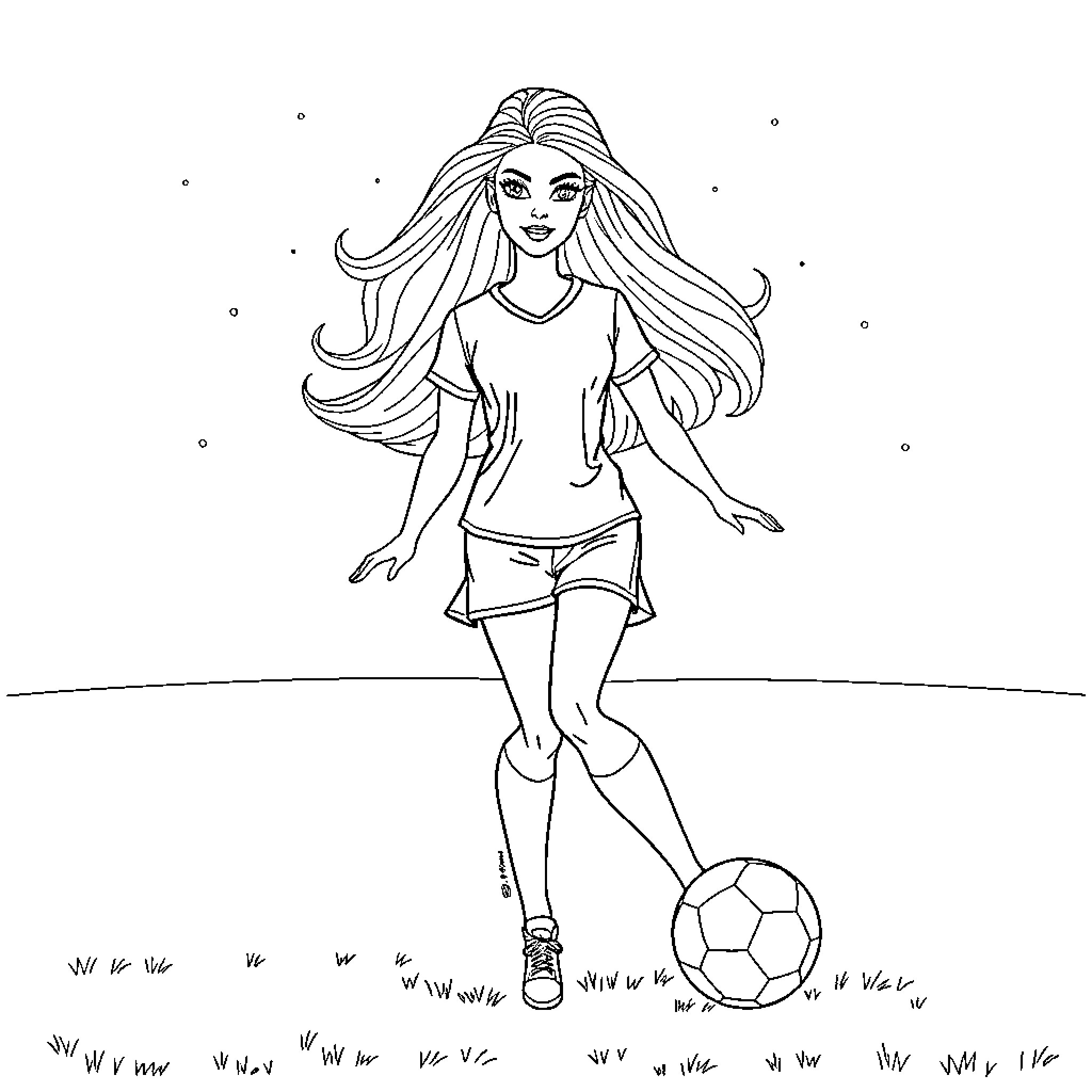 Barbie Playing Soccer Outdoors Coloring Page (free black-and-white line drawing printable PDF for all, from beginners to advanced learners, including children, teens, adults, and seniors)