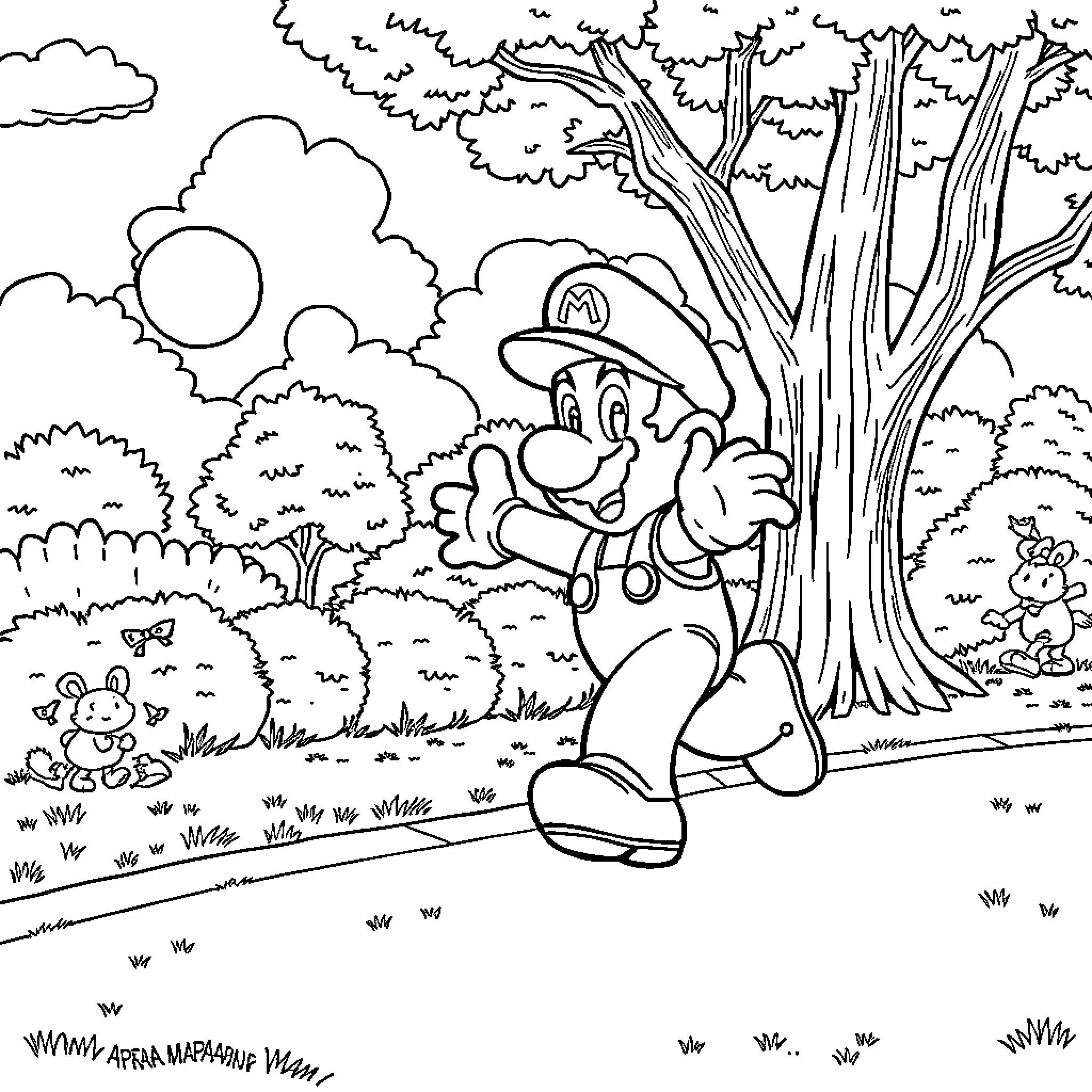 Mario exploring the enchanted forest Coloring Page (free black-and-white line drawing printable PDF for all, from beginners to advanced learners, including children, teens, adults, and seniors)
