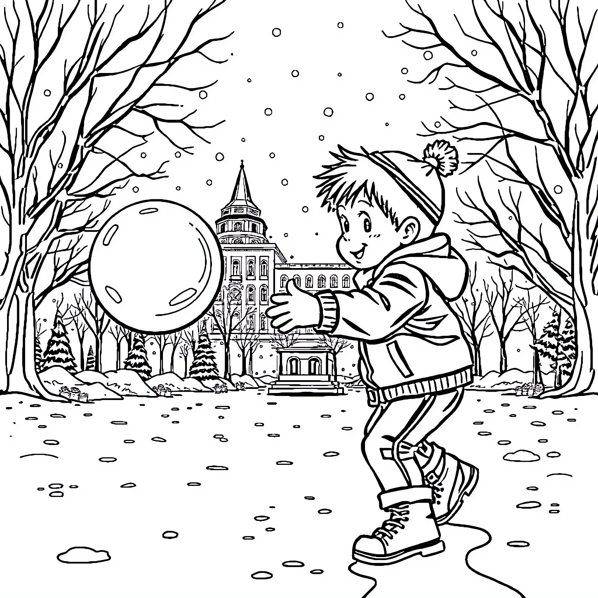 Niño playing with giant snowball in winter wonderland Coloring Page (free black-and-white line drawing printable PDF for all, from beginners to advanced learners, including children, teens, adults, and seniors)