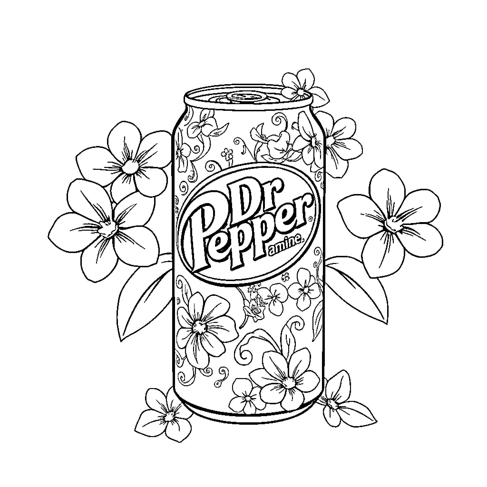 Jasmine enjoying a refreshing Dr Pepper Coloring Page (free black-and-white line drawing printable PDF for all, from beginners to advanced learners, including children, teens, adults, and seniors)