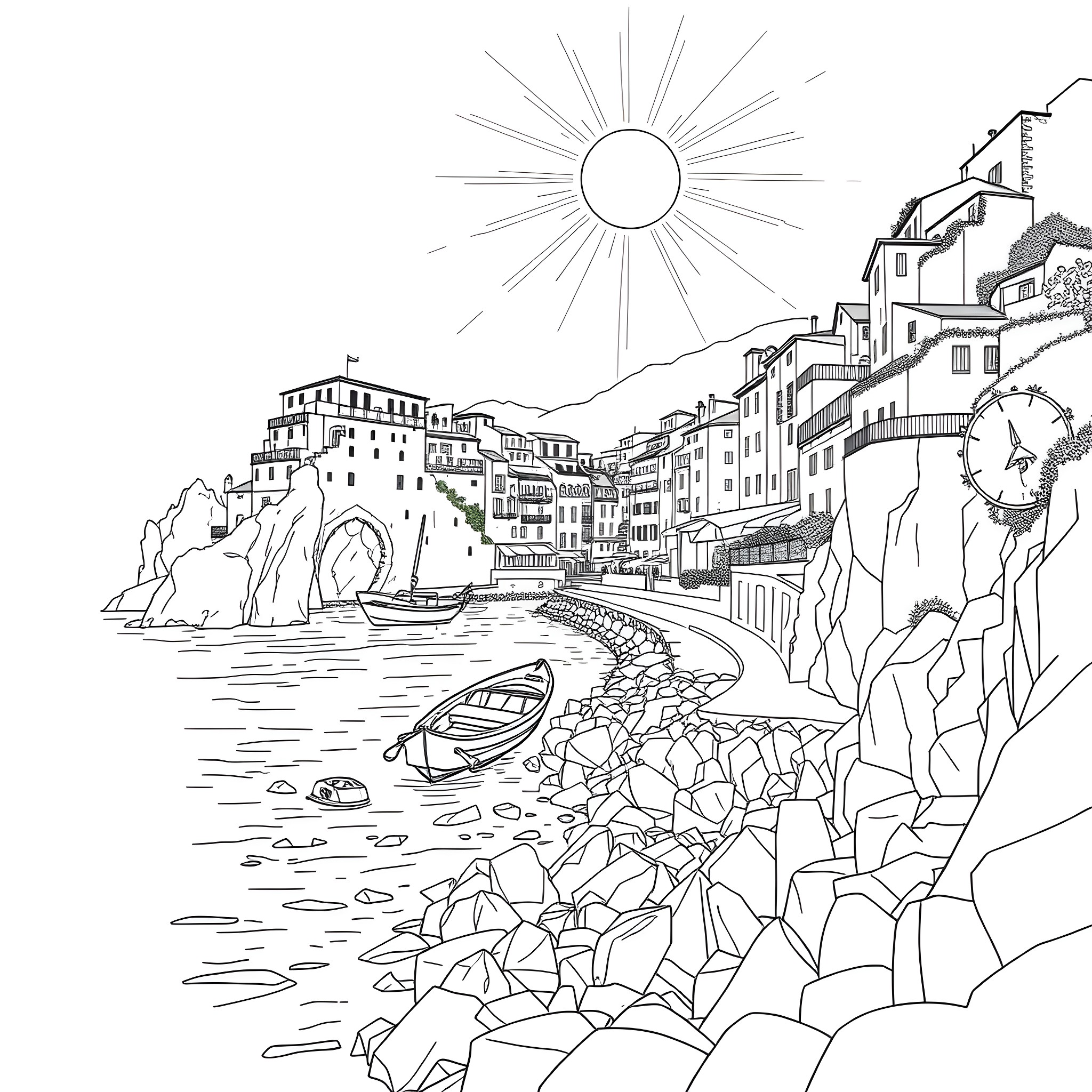 Beach scene with historic buildings and boats Coloring Page (free black-and-white line drawing printable PDF for all, from beginners to advanced learners, including children, teens, adults, and seniors)