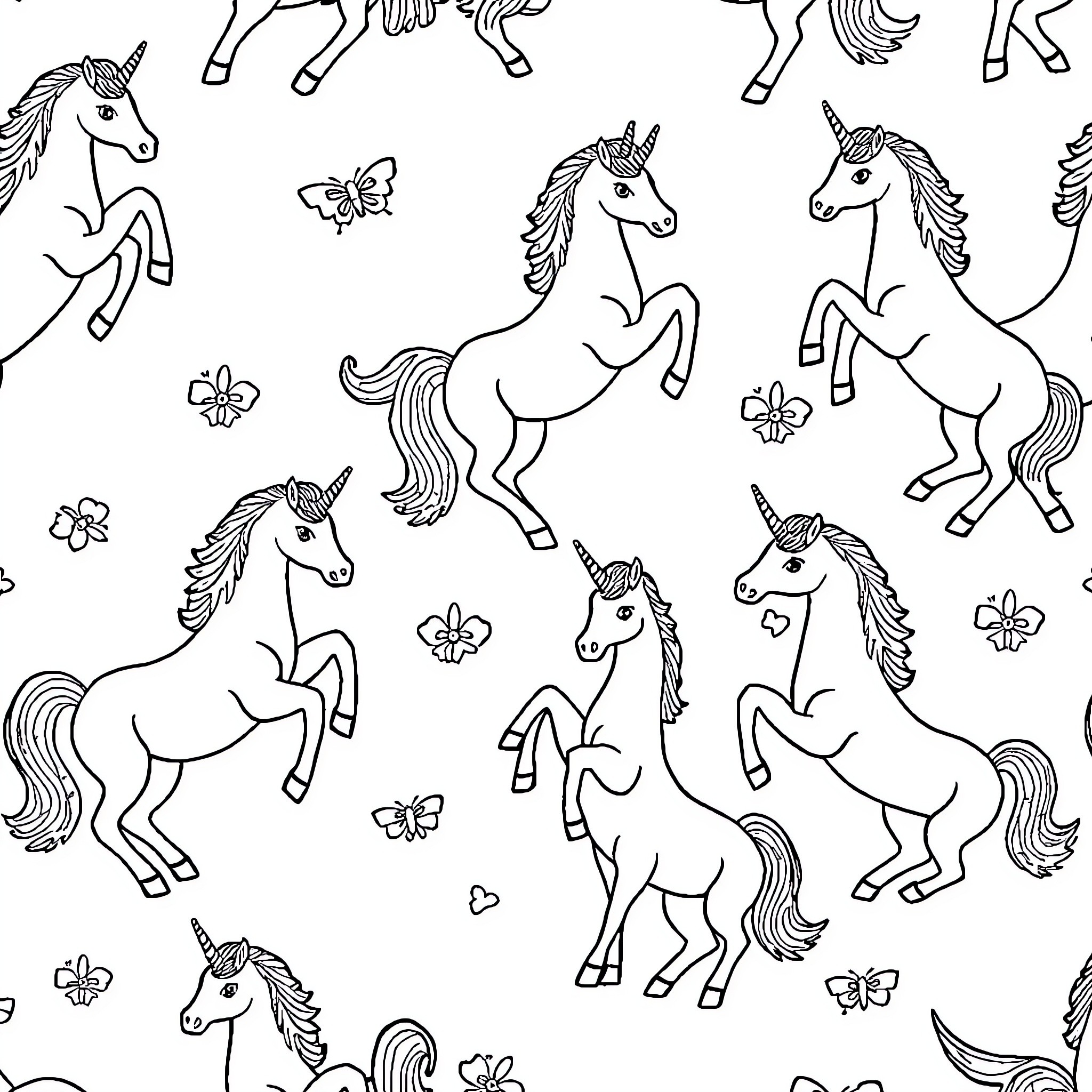 Unicorns frolicking amidst whimsical floral elements Coloring Page (free black-and-white line drawing printable PDF for all, from beginners to advanced learners, including children, teens, adults, and seniors)