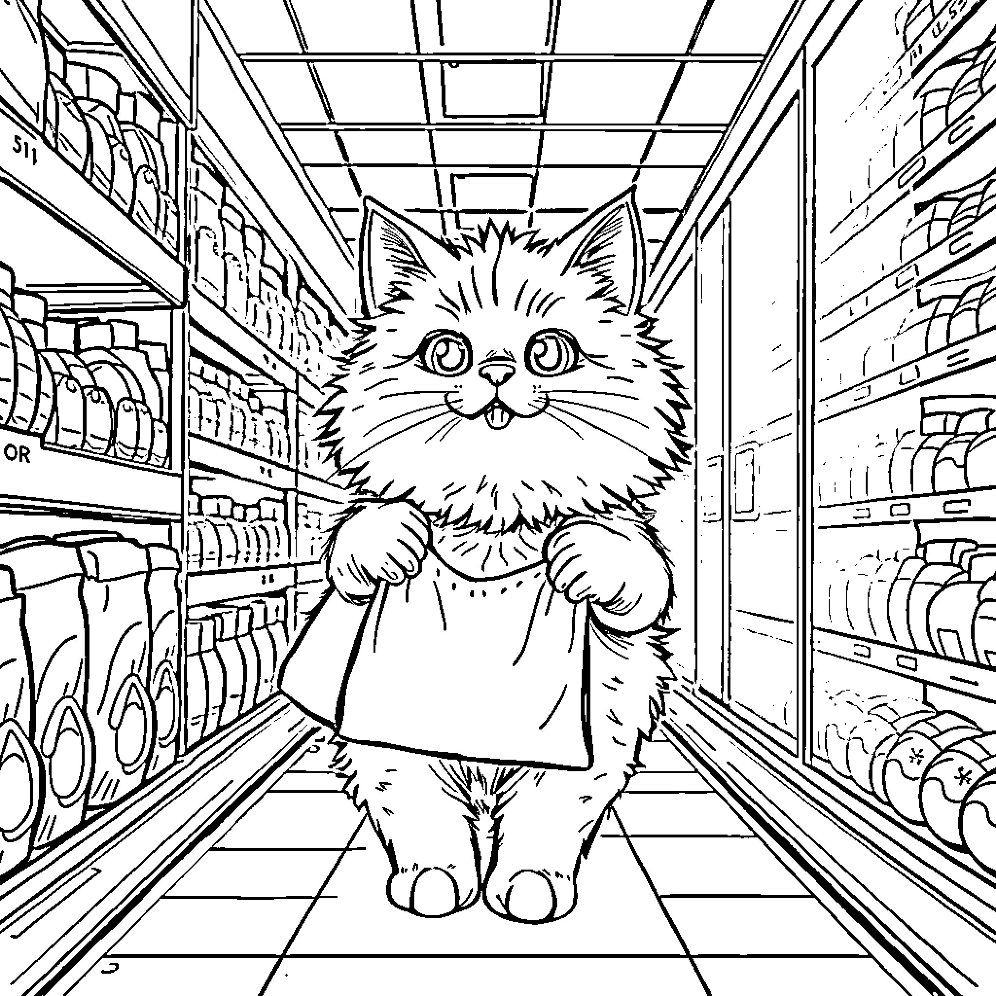 Cat exploring grocery store shelves Coloring Page (free black-and-white line drawing printable PDF for all, from beginners to advanced learners, including children, teens, adults, and seniors)