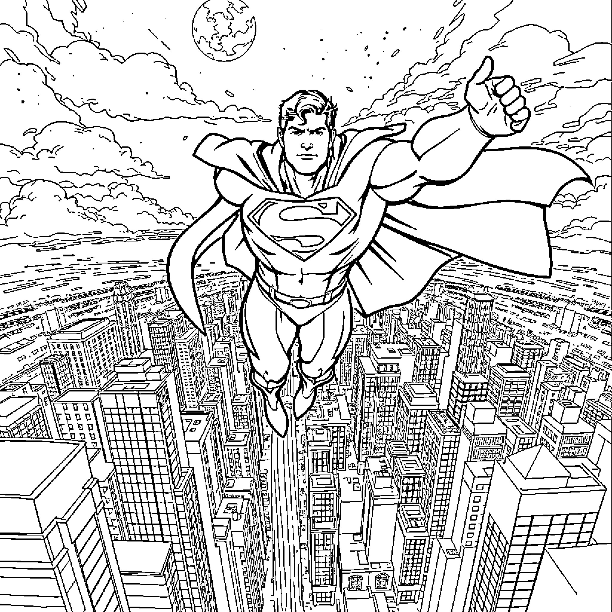 Superman soaring over the city skyline Coloring Page (free black-and-white line drawing printable PDF for all, from beginners to advanced learners, including children, teens, adults, and seniors)