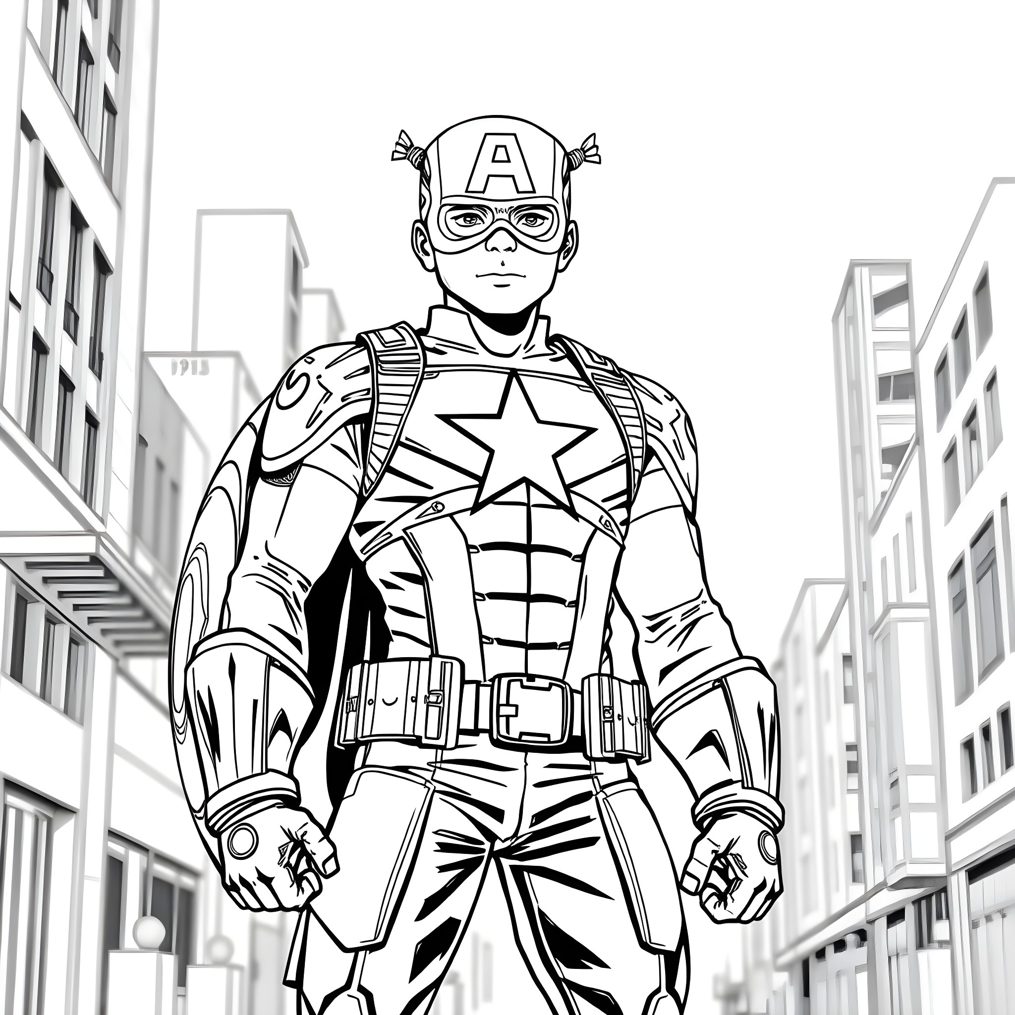 Captain America Jr. in Action-Packed Superhero Pose Coloring Page (free black-and-white line drawing printable PDF for all, from beginners to advanced learners, including children, teens, adults, and seniors)