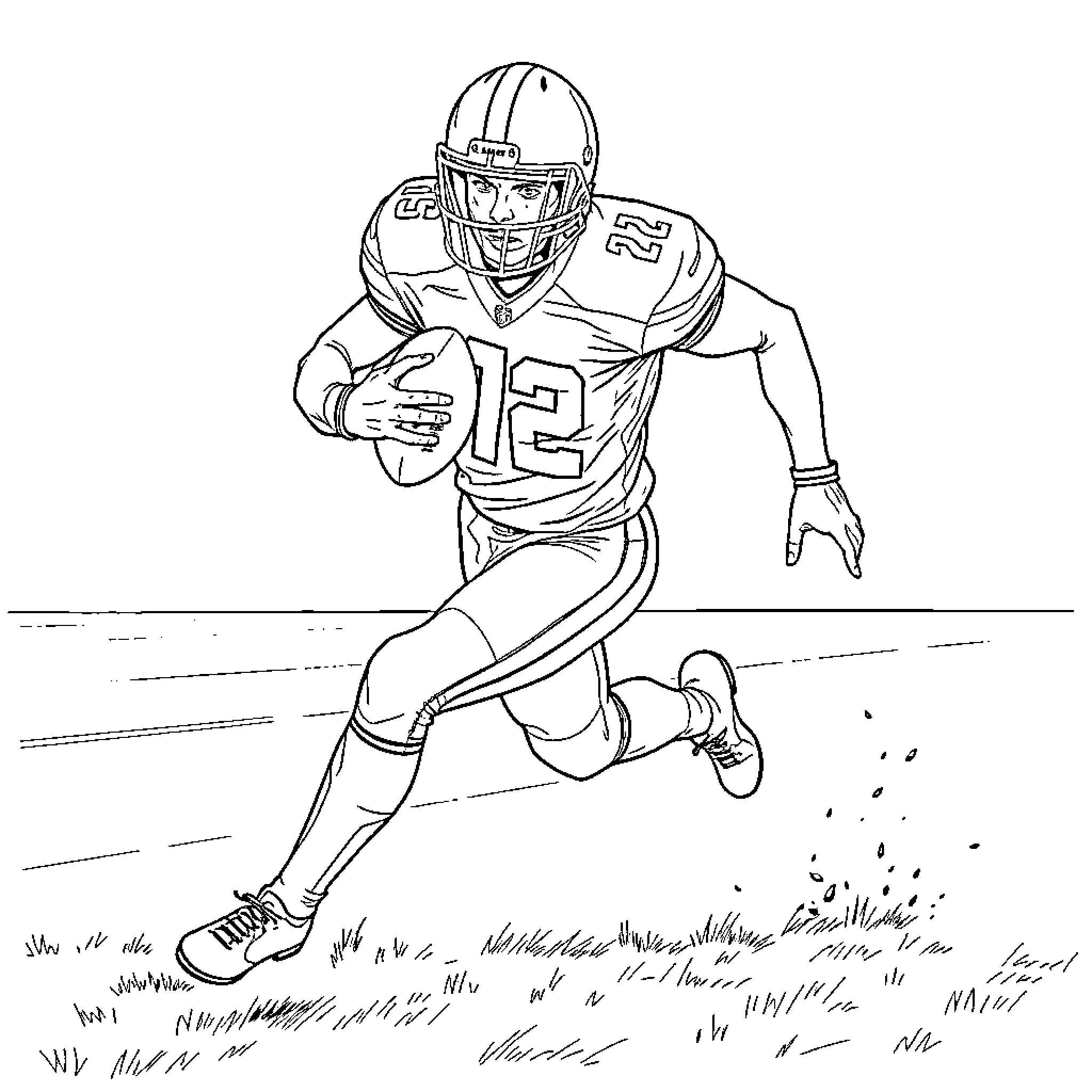 Football Player Running with the Ball Coloring Page (free black-and-white line drawing printable PDF for all, from beginners to advanced learners, including children, teens, adults, and seniors)