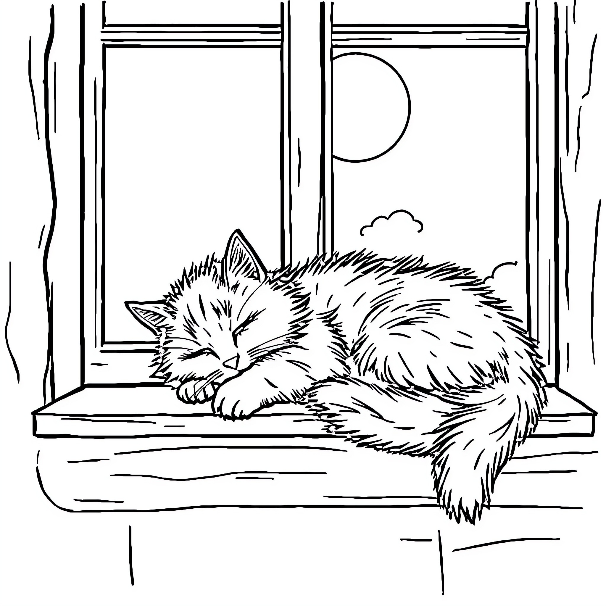 Cat sleeping peacefully in the window Coloring Page (free black-and-white line drawing printable PDF for all, from beginners to advanced learners, including children, teens, adults, and seniors)