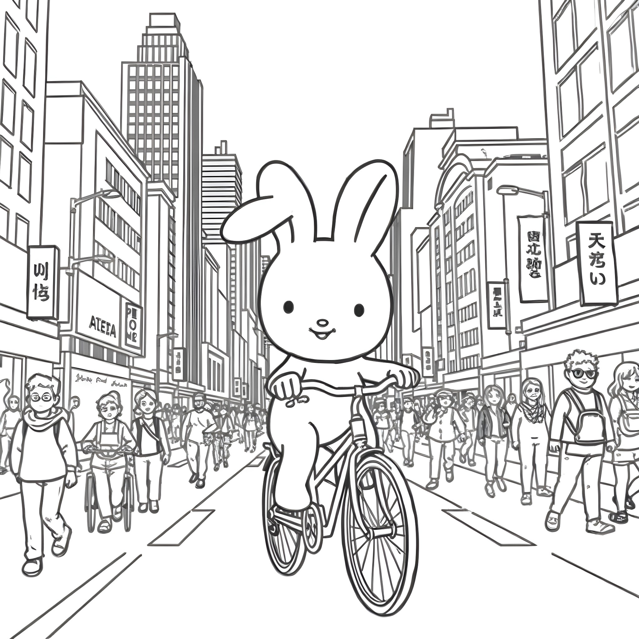 Miffy exploring the busy city on a bicycle Coloring Page (free black-and-white line drawing printable PDF for all, from beginners to advanced learners, including children, teens, adults, and seniors)