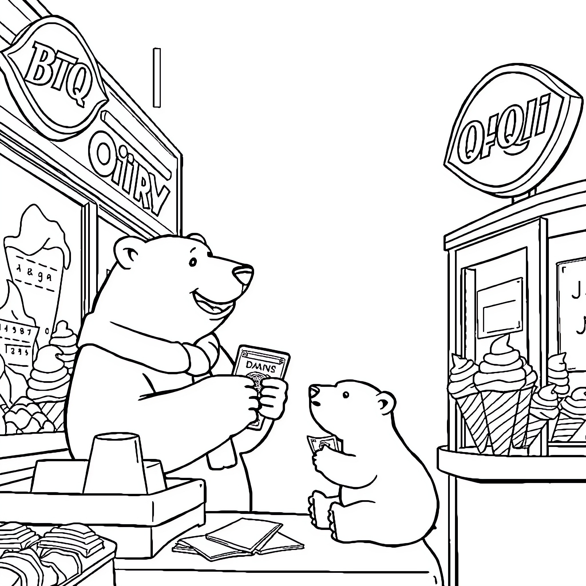 Polar Bears Shopping at the Grocery Store Coloring Page (free black-and-white line drawing printable PDF for all, from beginners to advanced learners, including children, teens, adults, and seniors)