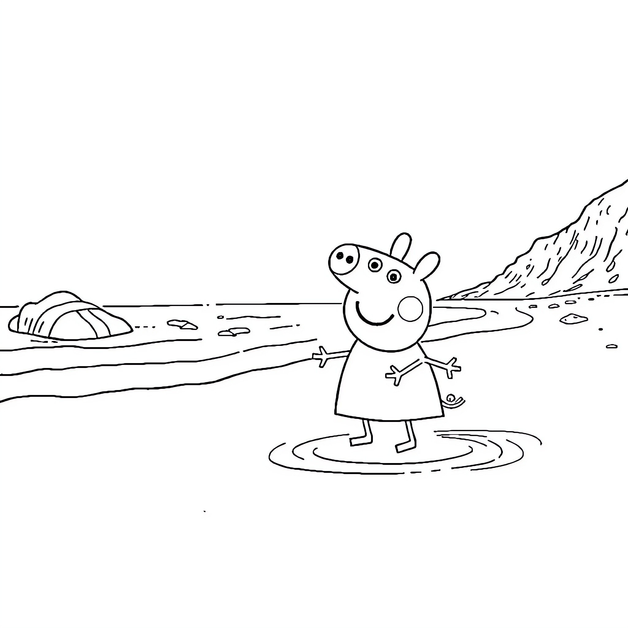 Peppa Pig playing in a puddle by the seaside Coloring Page (free black-and-white line drawing printable PDF for all, from beginners to advanced learners, including children, teens, adults, and seniors)