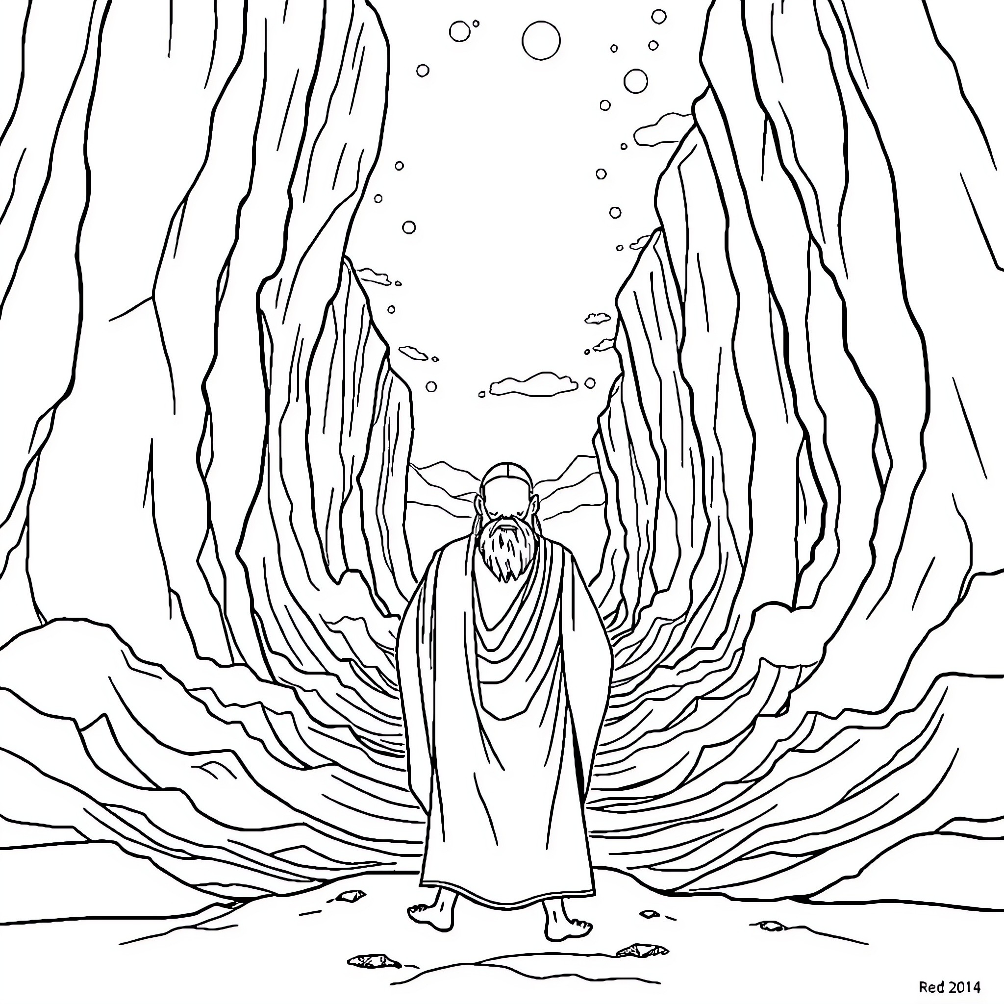 Moses Parting the Mystic Seas Coloring Page (free black-and-white line drawing printable PDF for all, from beginners to advanced learners, including children, teens, adults, and seniors)