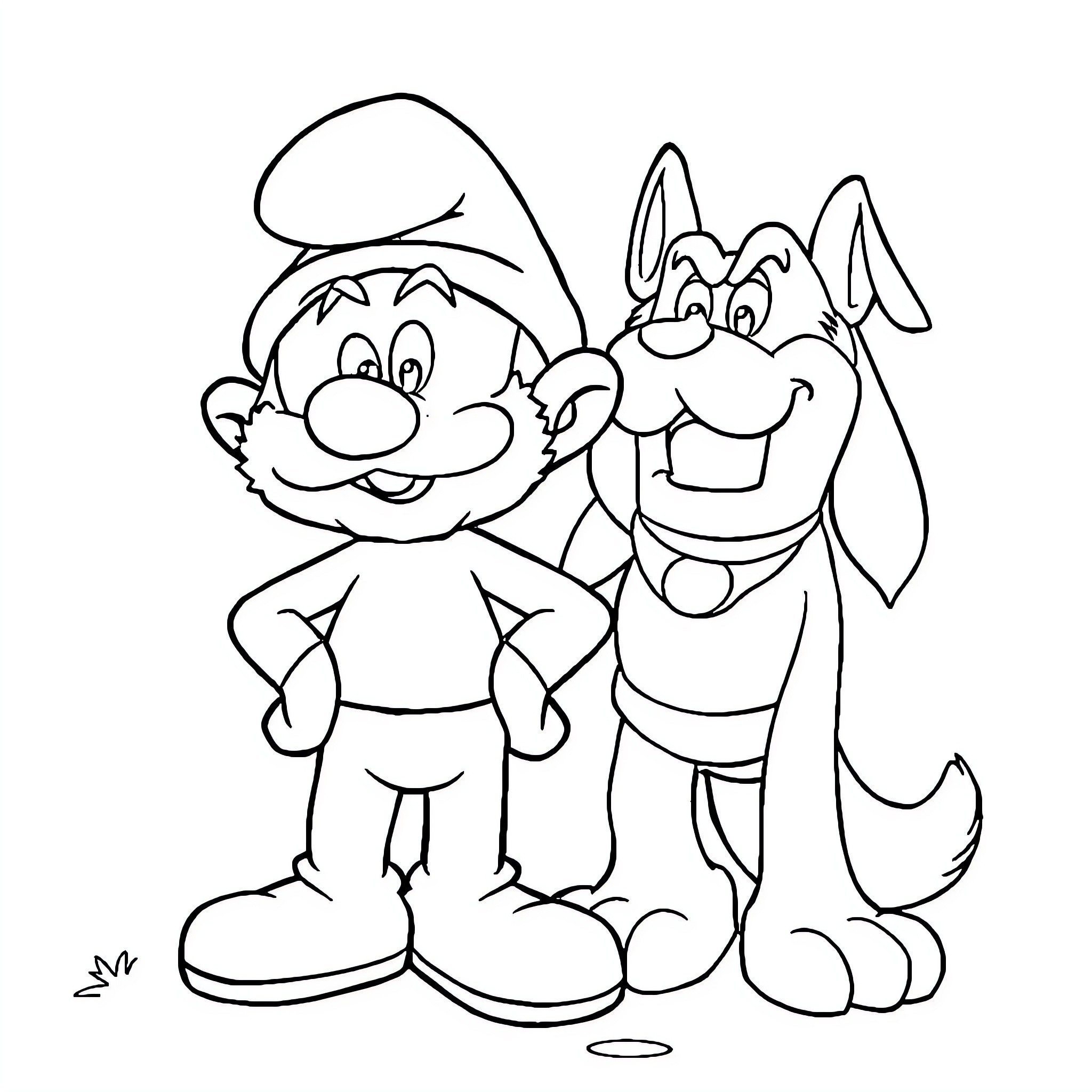 Papa Smurf and his furry friend enjoying a happy moment Coloring Page (free black-and-white line drawing printable PDF for all, from beginners to advanced learners, including children, teens, adults, and seniors)
