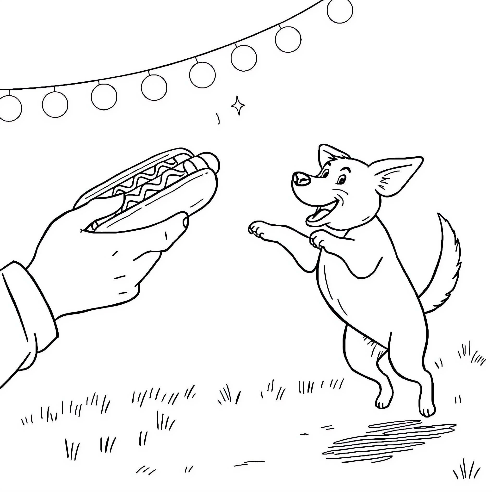 Dog being fed a hot dog under string lights Coloring Page (free black-and-white line drawing printable PDF for all, from beginners to advanced learners, including children, teens, adults, and seniors)