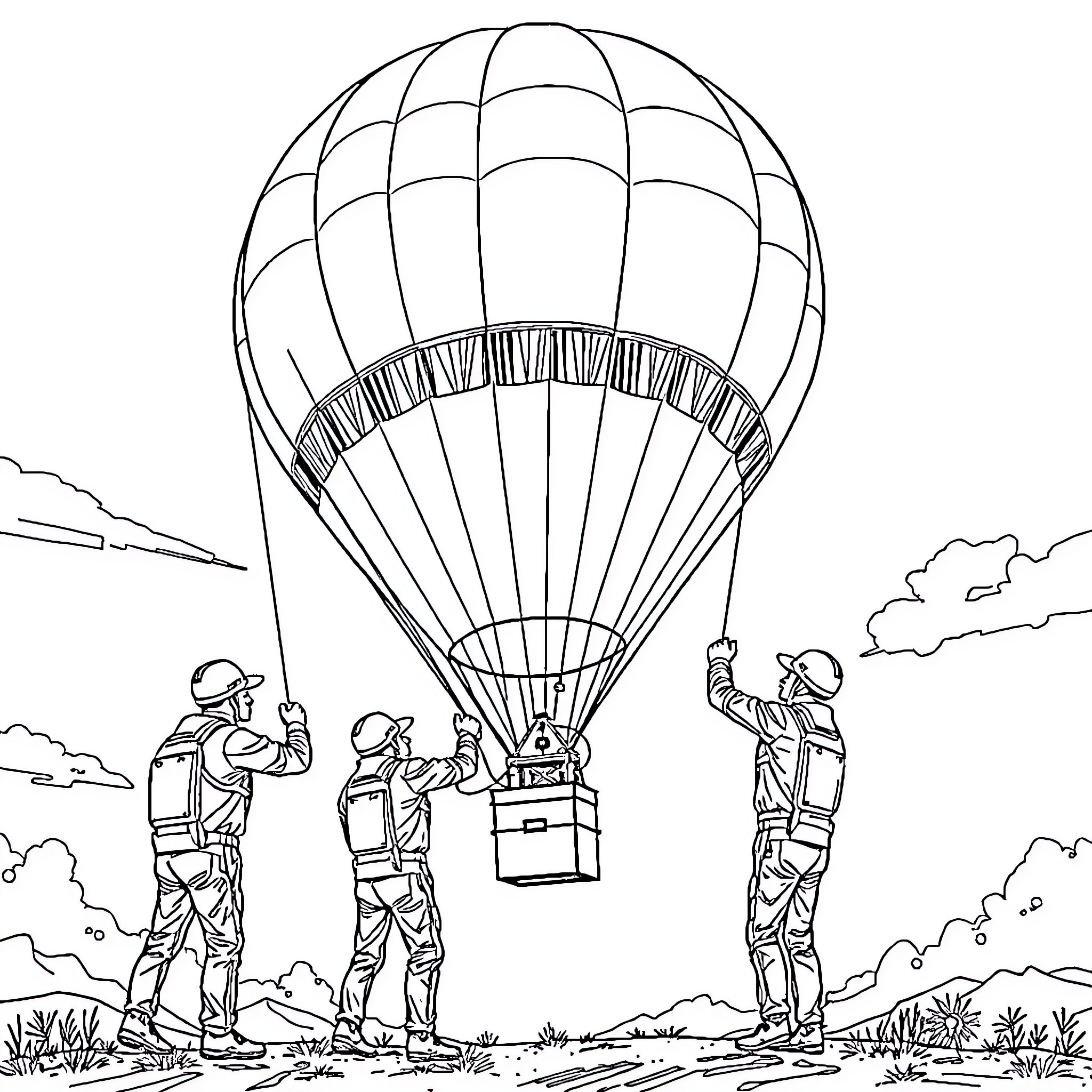 Balloon travelers exploring the skies Coloring Page (free black-and-white line drawing printable PDF for all, from beginners to advanced learners, including children, teens, adults, and seniors)