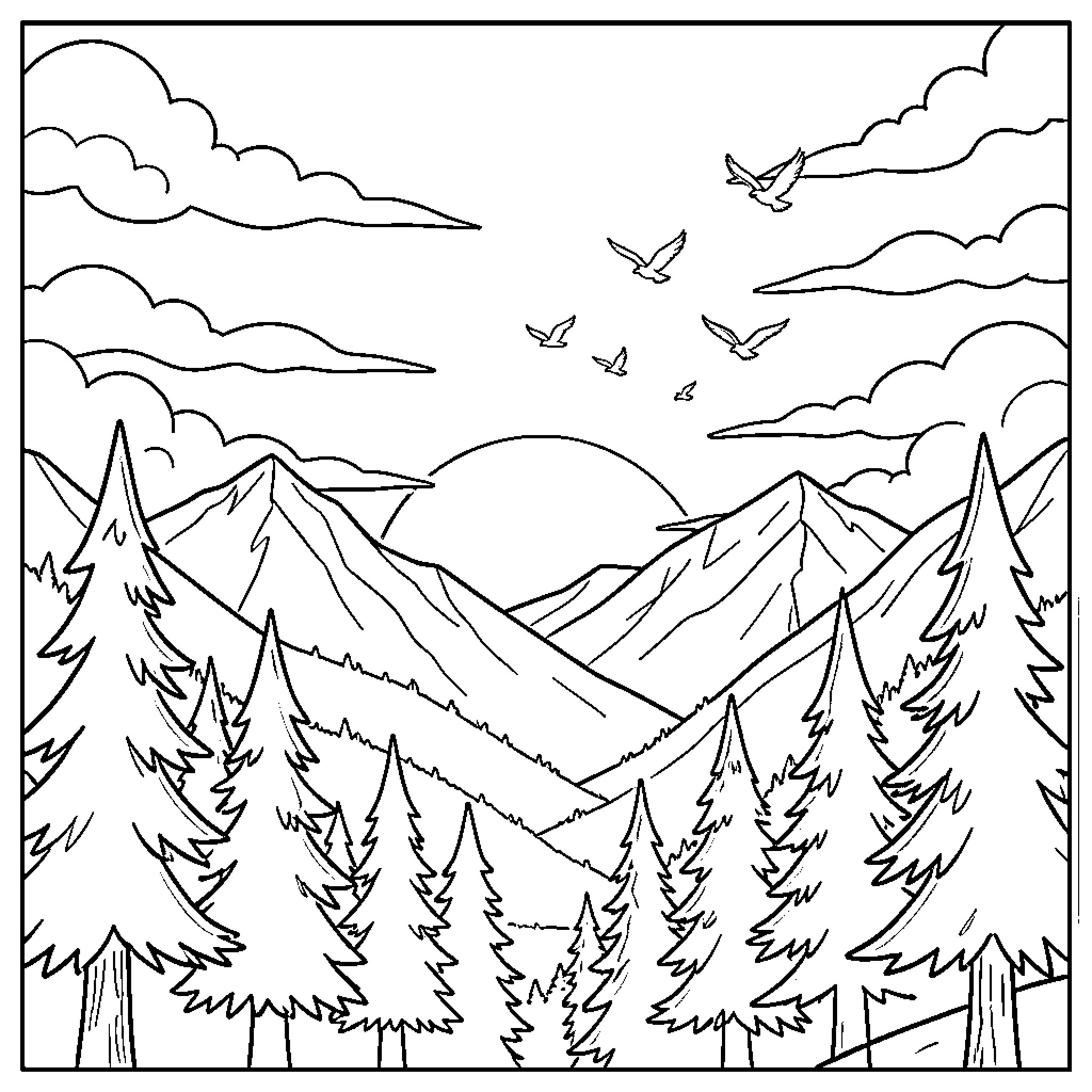 Sunset landscape with birds in the sky Coloring Page (free black-and-white line drawing printable PDF for all, from beginners to advanced learners, including children, teens, adults, and seniors)