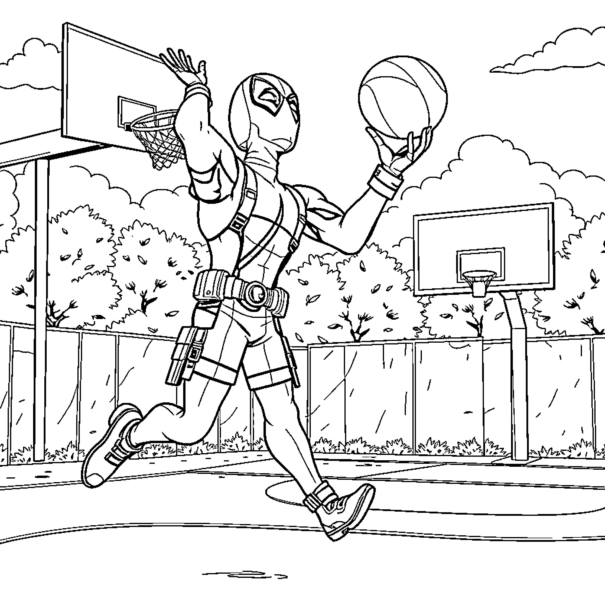 Deadpool playing basketball on the court Coloring Page (free black-and-white line drawing printable PDF for all, from beginners to advanced learners, including children, teens, adults, and seniors)