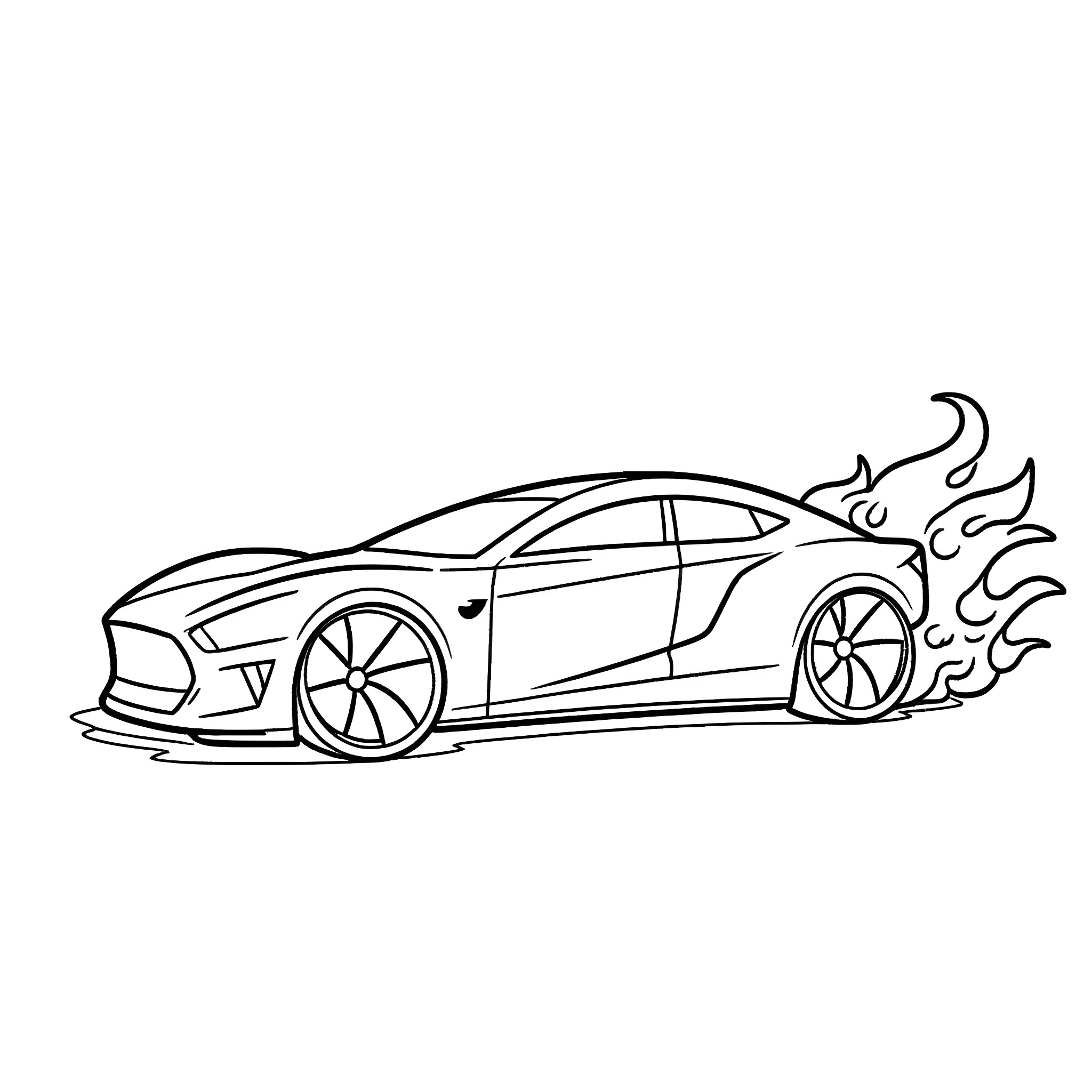 Tesla car racing with fiery flames Coloring Page (free black-and-white line drawing printable PDF for all, from beginners to advanced learners, including children, teens, adults, and seniors)