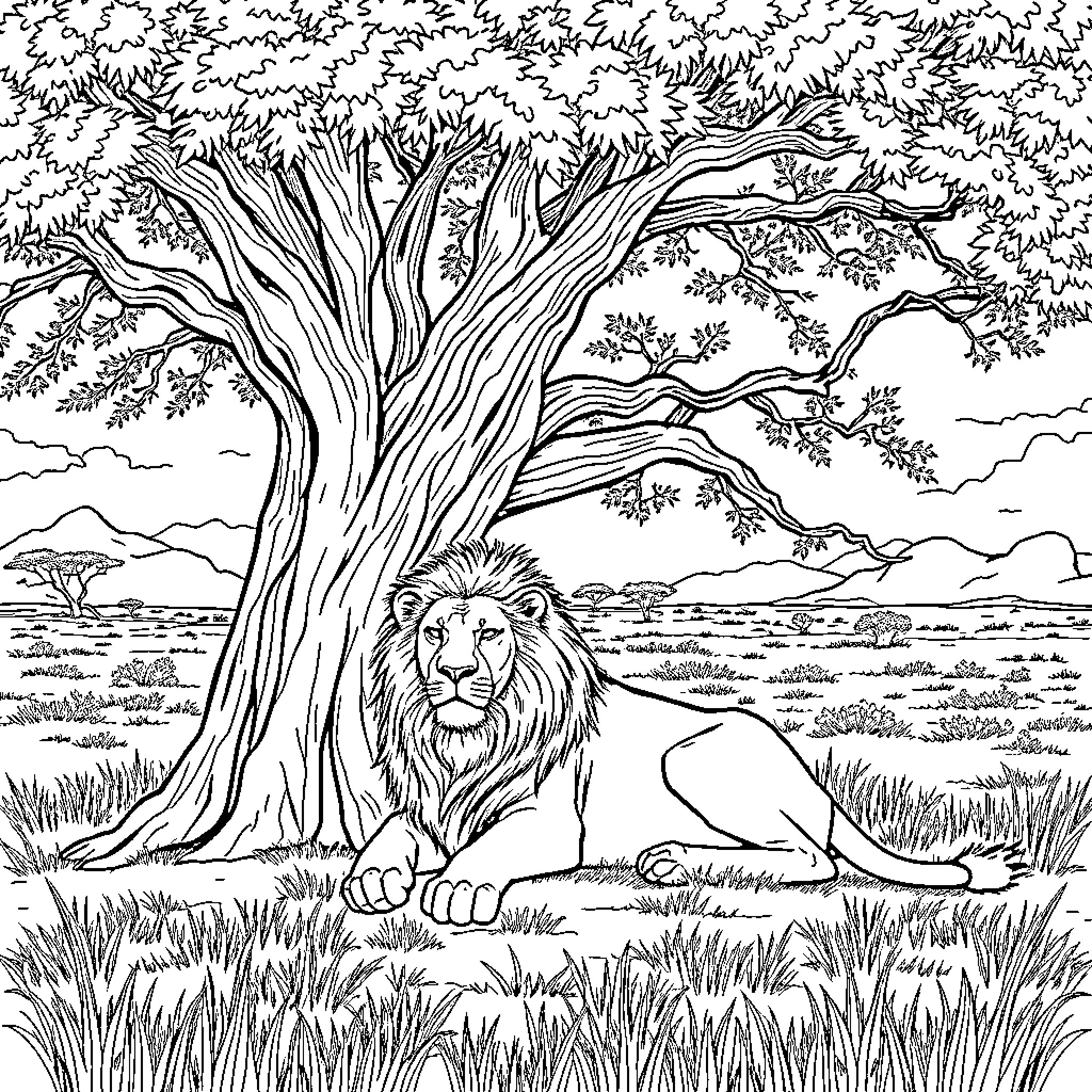Lion lounging peacefully under a majestic tree Coloring Page (free black-and-white line drawing printable PDF for all, from beginners to advanced learners, including children, teens, adults, and seniors)